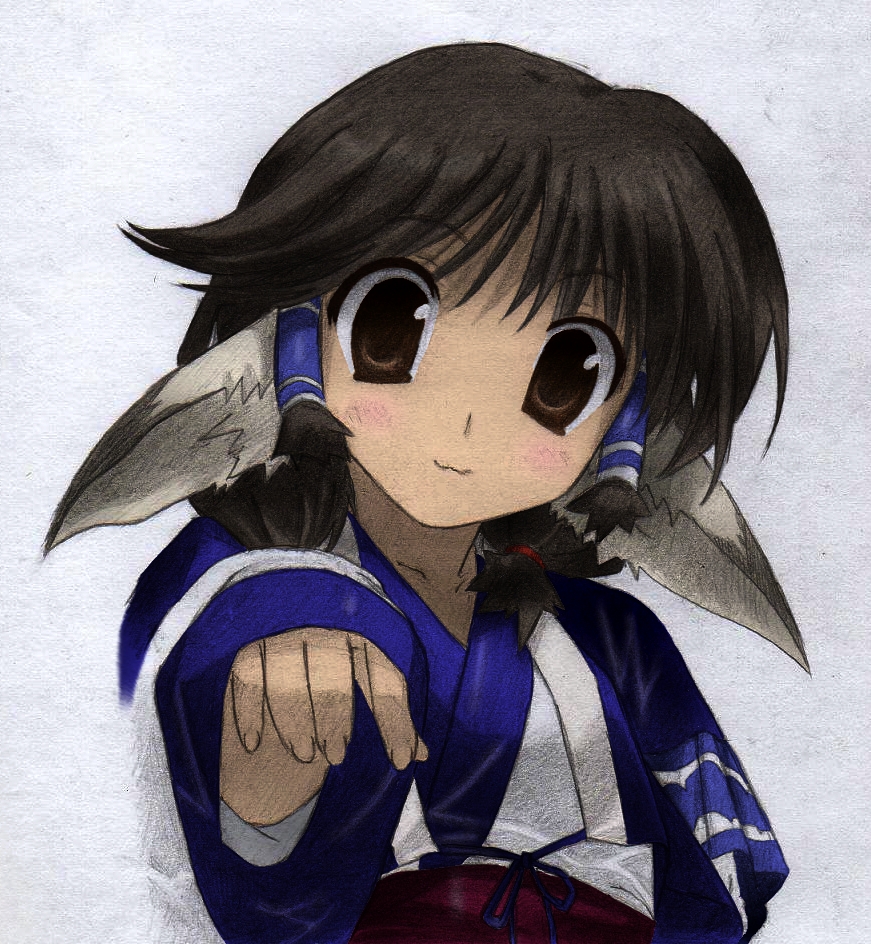 666 (hakuoro), aruruu, utawarerumono, graphite (medium), mixed media, traditional media, 00s, 1girl, :3, animal ears, black hair, brown eyes, dog ears, female focus, solo