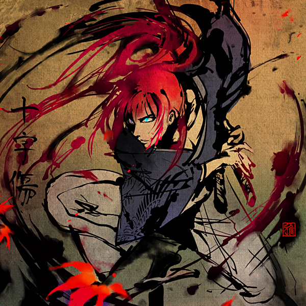 ein lee, himura kenshin, rurouni kenshin, black legwear, commentary, 1boy, aged down, blood, blue eyes, fighting stance, glowing, male focus, manly, ponytail, ready to draw, red hair, sandals, solo, tabi, zouri