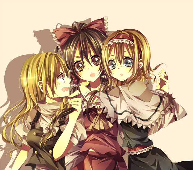 tsukioka tsukiho, alice margatroid, hakurei reimu, kirisame marisa, touhou, bad id, bad pixiv id, 3girls, :o, black hair, blue hair, blush, bow, braid, brown eyes, female focus, frills, hair bow, hairband, long hair, multiple girls, open mouth, red eyes, shadow, short hair, side braid