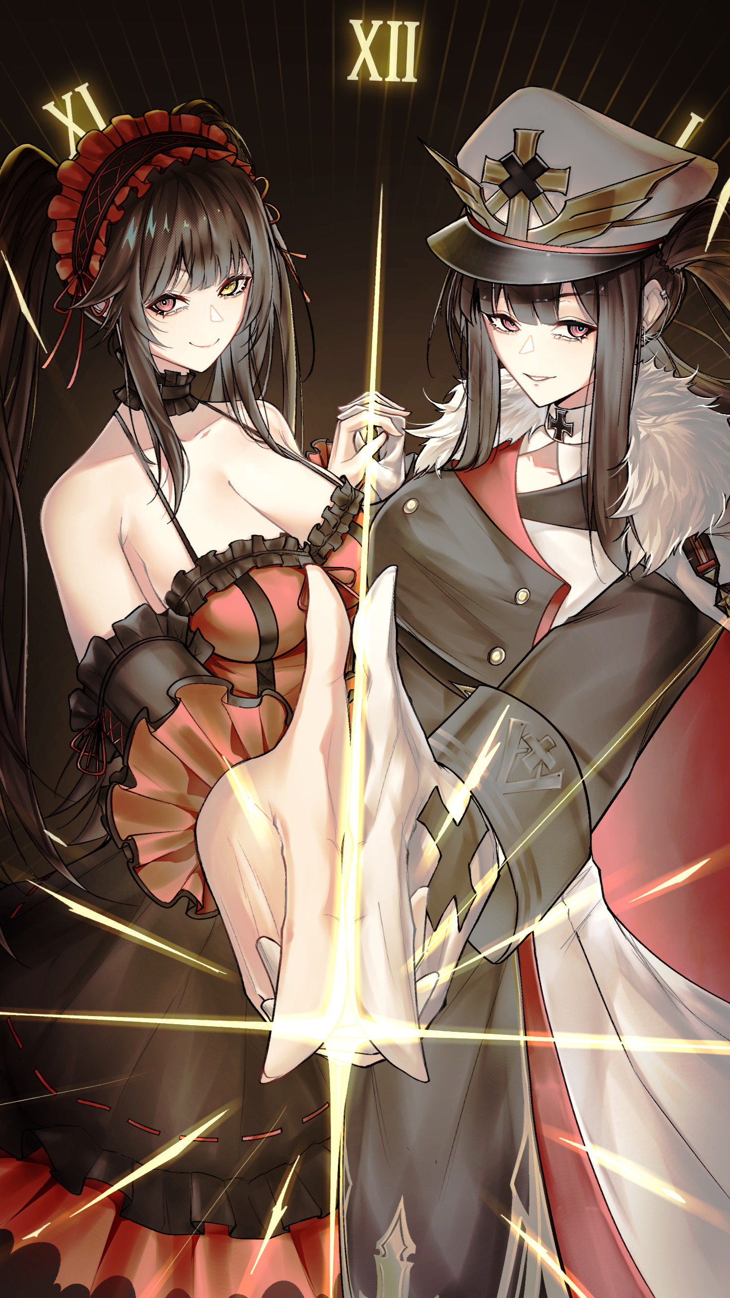 xuwasoo, peter strasser (azur lane), tokisaki kurumi, azur lane, date a live, absurdres, highres, 2girls, black dress, black hair, breasts, cleavage, closed mouth, coat, detached sleeves, dress, frilled dress, frilled headband, frills, fur-trimmed coat, fur trim, gloves, gothic lolita, hat, headband, heterochromia, holding hands, large breasts, lolita fashion, long hair, looking at viewer, multiple girls, parted lips, peaked cap, red dress, red eyes, red headband, smile, tokisaki kurumi (spirit), twintails, two-tone dress, white gloves, white hat, yellow eyes