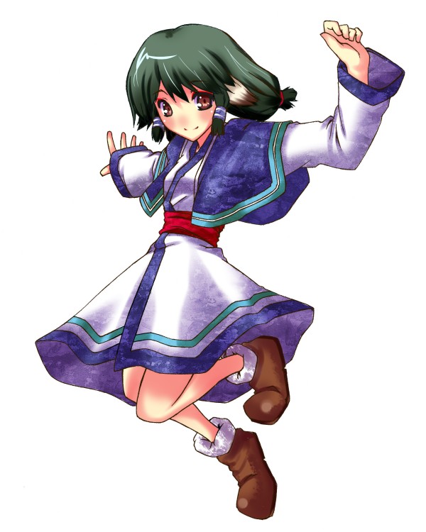 nickq, varu (forscryd), aruruu, utawarerumono, colorized, 00s, 1girl, animal ears, black hair, blush, brown eyes, dog ears, female focus, jumping, solo