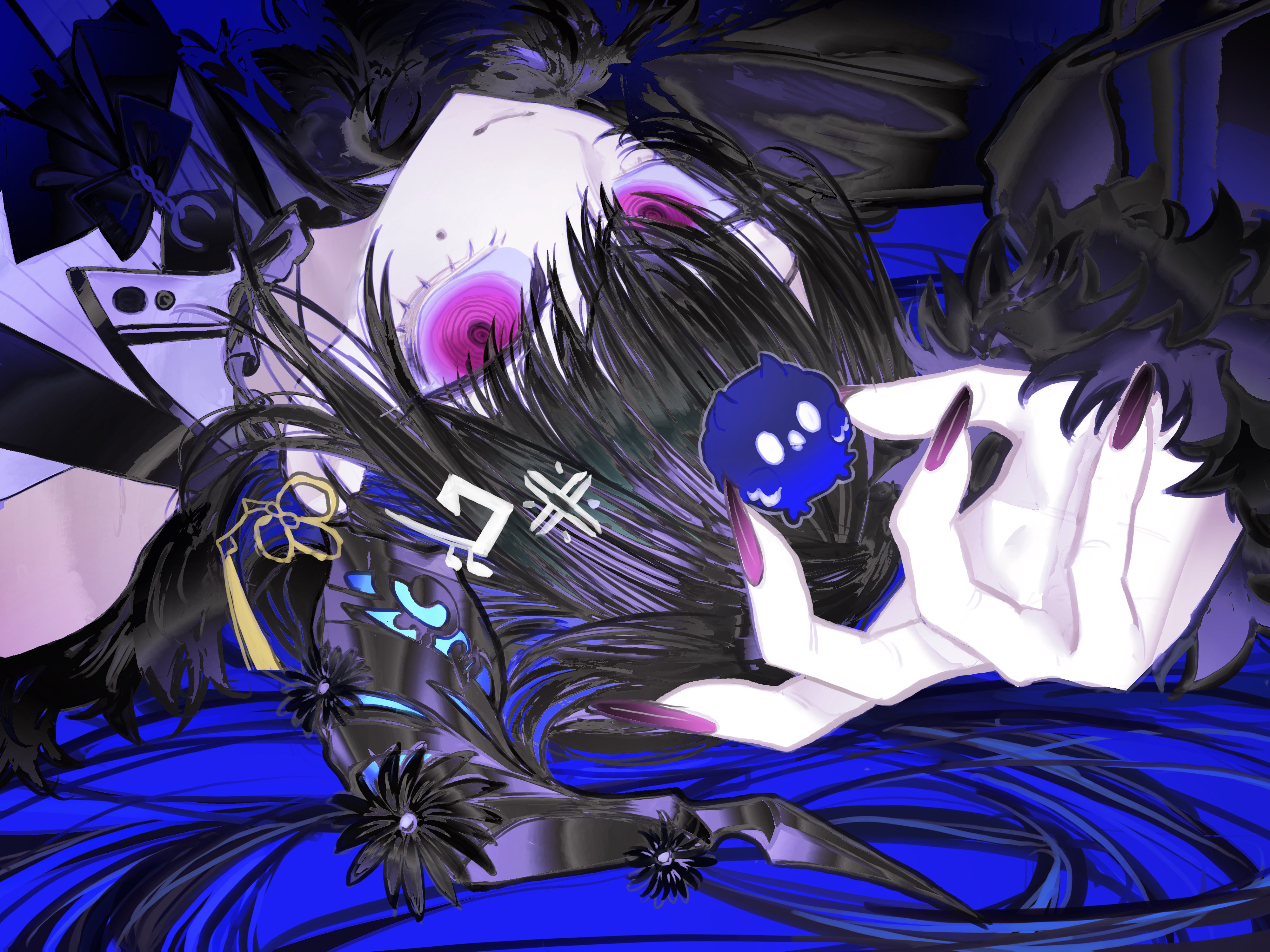 pungson mori, nerissa ravencroft, nerissa ravencroft (1st costume), hololive, hololive english, absurdres, commentary, english commentary, highres, 1girl, arm up, black bow, black bowtie, black hair, black horns, black vest, blue hair, bow, bowtie, closed mouth, clothing cutout, collared shirt, colored inner hair, dress shirt, feather-trimmed sleeves, flower, flower knot, hair ornament, horn flower, horns, light smile, long hair, looking at viewer, lying, mole, mole under eye, multicolored hair, nail polish, on back, purple eyes, purple nails, ribbed shirt, shirt, shoulder cutout, smile, solo, tassel, tassel hair ornament, upper body, upside-down, vest, virtual youtuber, white shirt