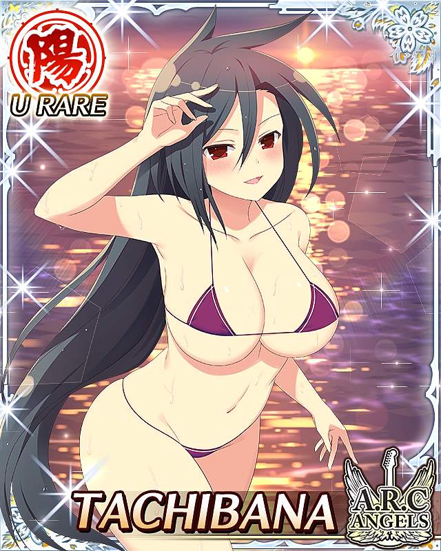 tachibana (senran kagura), senran kagura, senran kagura new wave, game cg, official art, 1girl, arm up, bikini, black hair, blush, border, breasts, card (medium), character name, cleavage, come hither, english text, large breasts, leaning forward, long hair, looking at viewer, micro bikini, navel, ocean, official alternate costume, open mouth, purple bikini, red eyes, seductive smile, smile, solo, string bikini, sunset, swept bangs, swimsuit, very long hair, wet