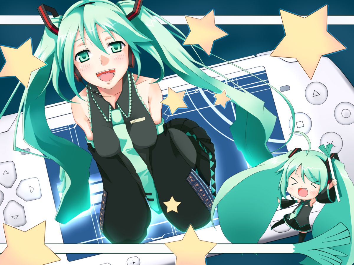 garakuta omocha, koyoi mitsuki, hatsune miku, project diva, project diva (series), vocaloid, bad id, bad pixiv id, 1girl, ahoge, aqua eyes, aqua hair, blush, chibi, detached sleeves, fang, fangs, handheld game console, headphones, headset, long hair, necktie, playstation portable, smile, spring onion, star (symbol), twintails