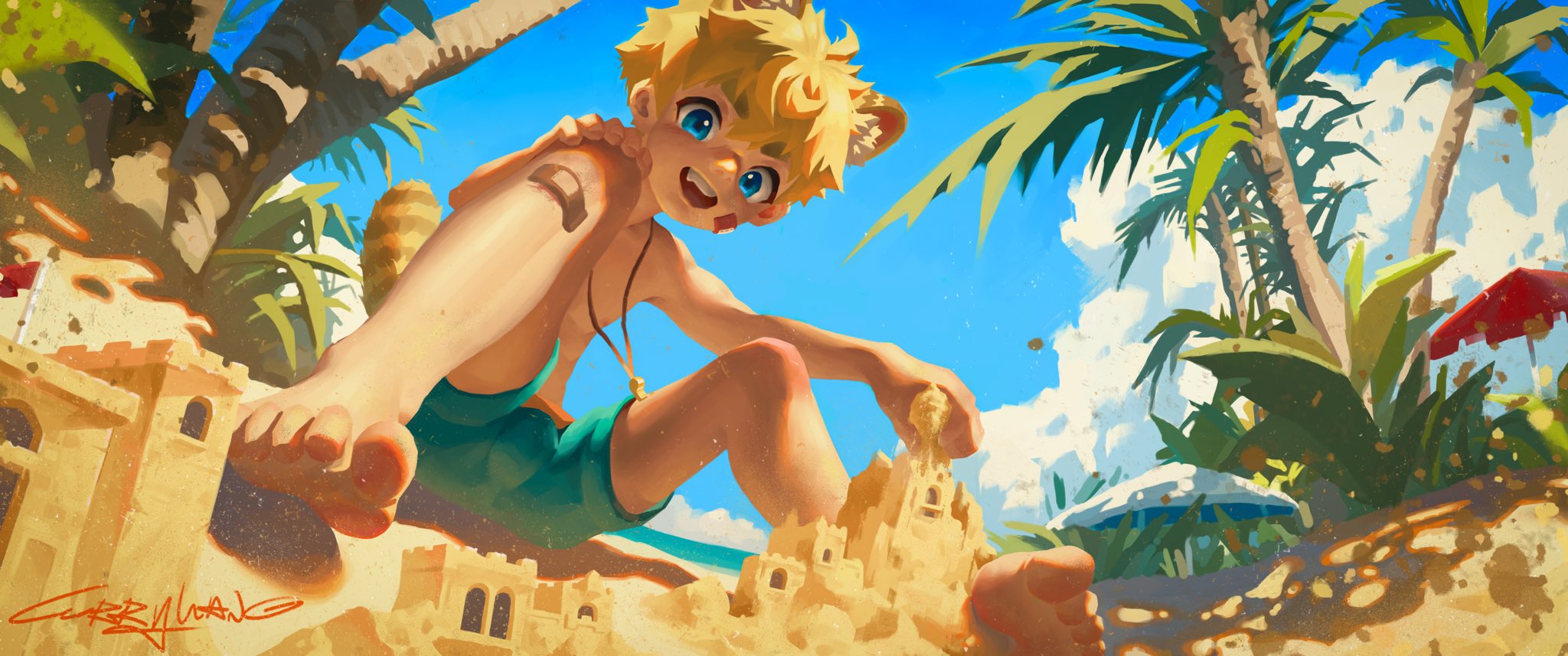 currywang, original, 1boy, animal ears, bandaid, bandaid on knee, bandaid on leg, beach, blonde hair, blue eyes, cloud, cloudy sky, feet, hand on knee, hand on own knee, male focus, male swimwear, open mouth, palm tree, sand castle, sand sculpture, signature, sky, smile, solo, swim trunks, tail, tree