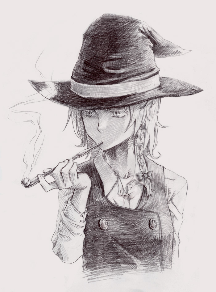 kuroda (artist), kuroda (nanchara flight), kirisame marisa, touhou, bad id, bad pixiv id, graphite (medium), traditional media, 1girl, braid, buttons, female focus, greyscale, hair ribbon, hat, kiseru, monochrome, ribbon, single braid, sketch, smoke, smoking, smoking pipe, smoking pipe in mouth, solo, witch, witch hat