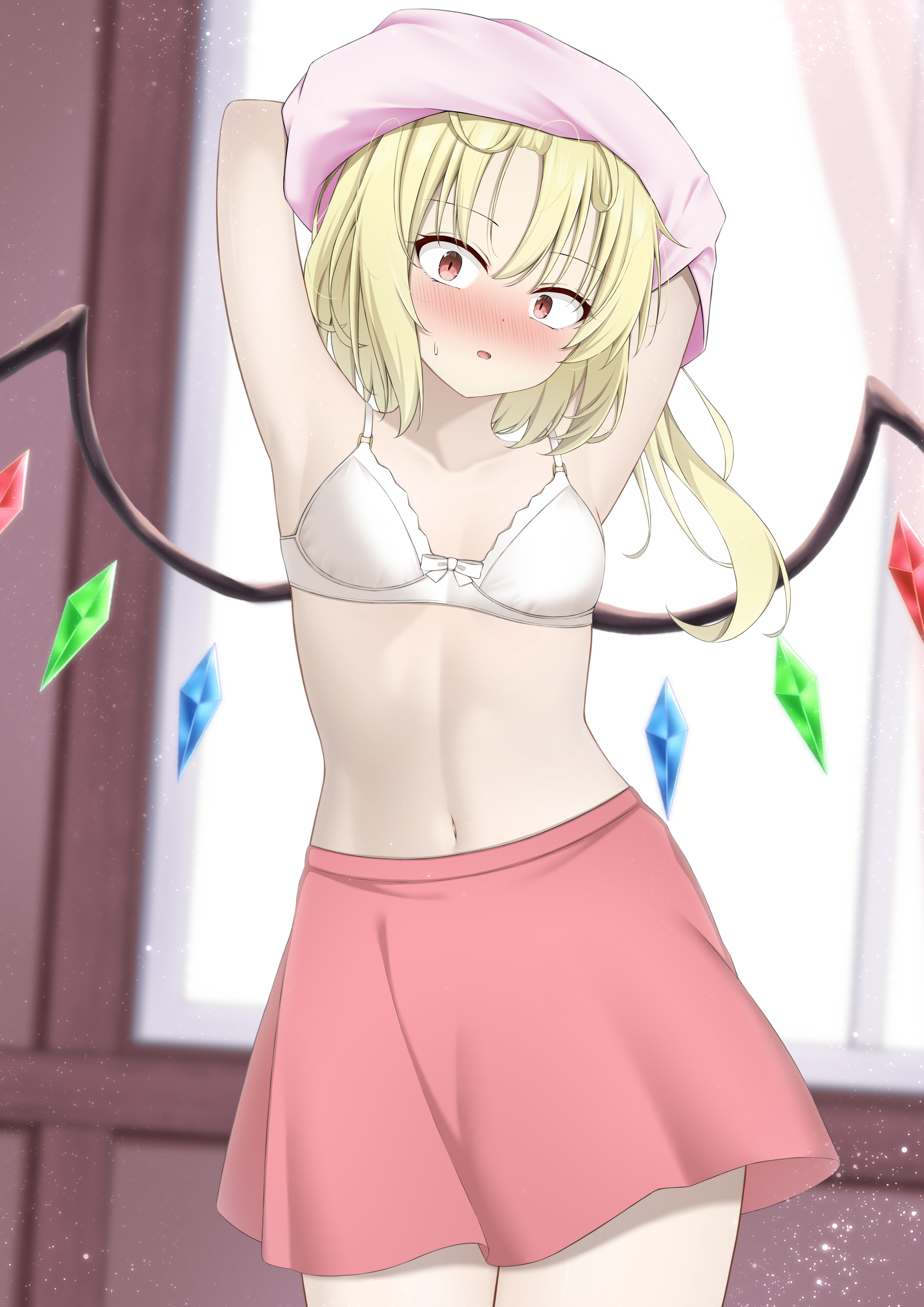 szl, flandre scarlet, touhou, absurdres, commentary request, highres, paid reward available, variant set, 1girl, arms up, blonde hair, blurry, blurry background, blush, bra, breasts, collarbone, cowboy shot, crystal, crystal wings, embarrassed, eyelashes, hair between eyes, indoors, light particles, long hair, looking at viewer, miniskirt, navel, nose blush, one side up, open mouth, red eyes, red skirt, skirt, slit pupils, small breasts, solo, stomach, sweatdrop, underwear, undressing, white bra, wide-eyed, wings