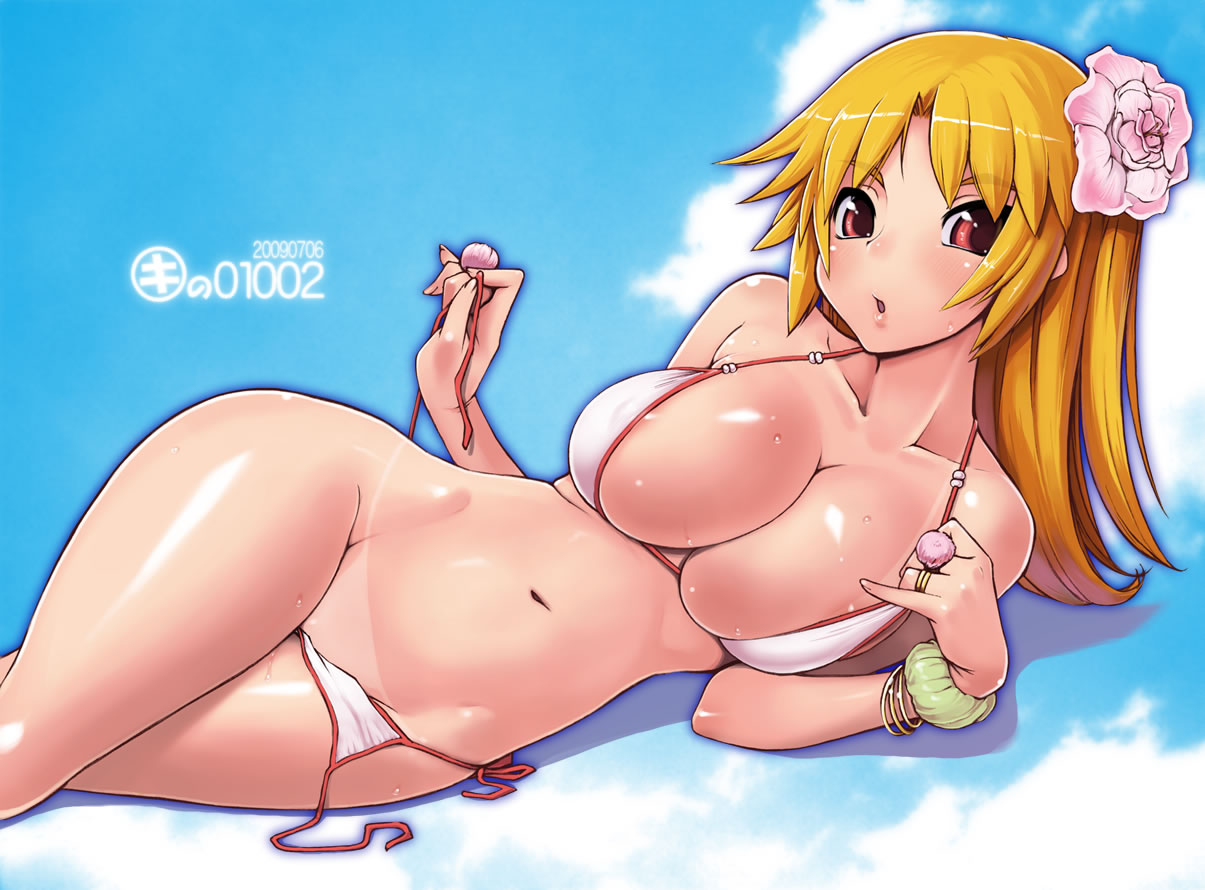 kei jiei, ravioli, original, duplicate, bikini, blonde hair, blush, breasts, curvy, flower, hair flower, hair ornament, hip focus, huge breasts, jewelry, legs, long hair, lying, red eyes, removing panties, ring, side-tie bikini bottom, sweat, swimsuit, tan, tanline, uncensored, undressing, wide hips