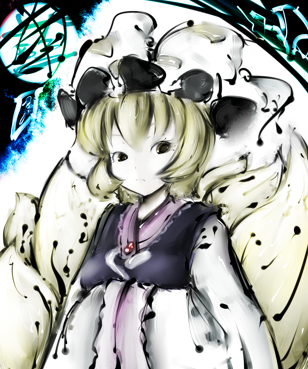 koohee, yakumo ran, perfect cherry blossom, touhou, bad id, bad pixiv id, highres, 1girl, animal hat, blonde hair, female focus, hands in opposite sleeves, hat, long sleeves, mob cap, multiple tails, short hair, solo, tail, wide sleeves, yellow eyes