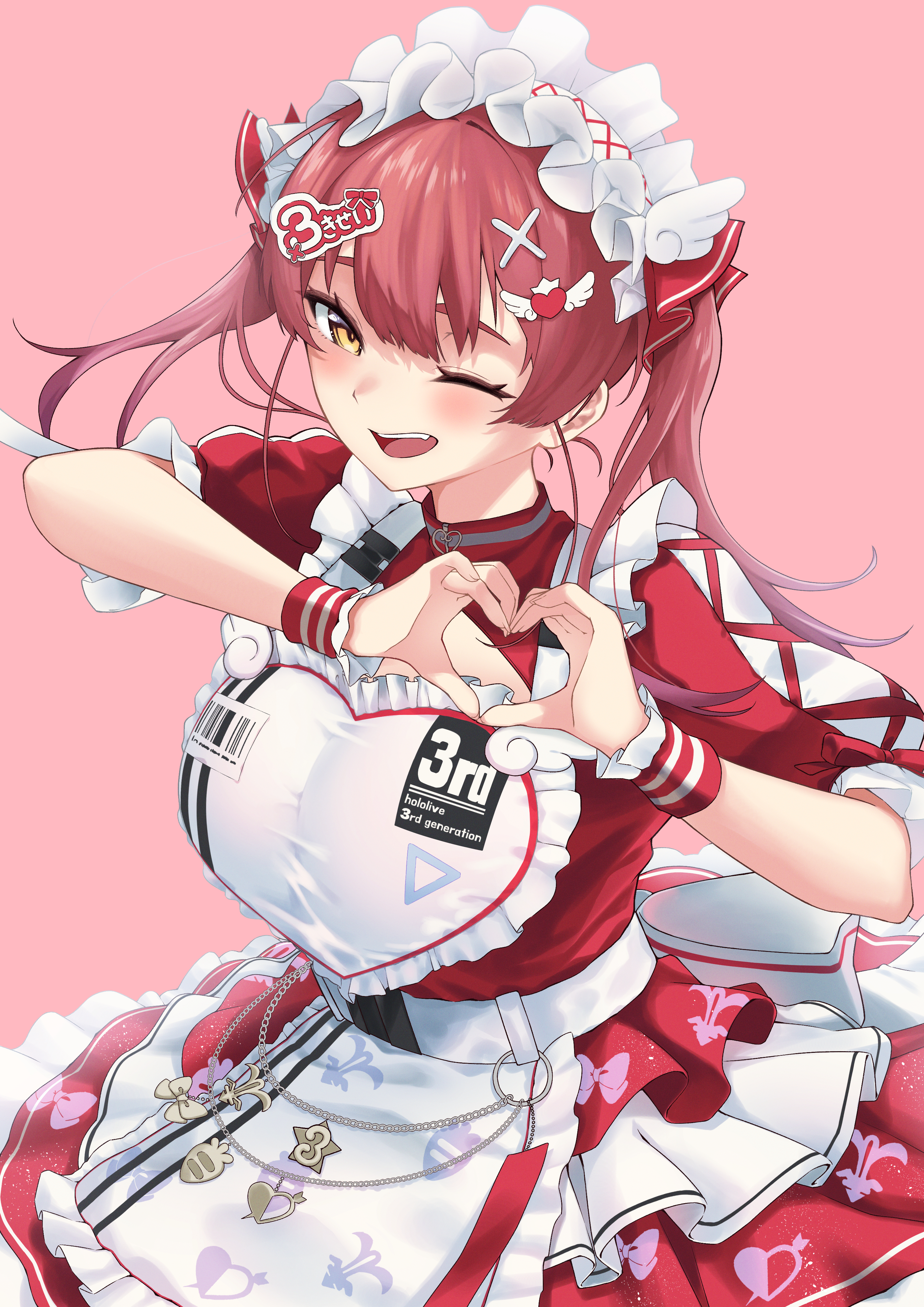 sasatake, houshou marine, hololive, absurdres, commentary request, highres, 1girl, ;d, apron, breasts, dress, hair between eyes, hair ornament, hair ribbon, hairclip, hairpin, heart, heart hands, large breasts, layered dress, long hair, looking at viewer, maid, maid headdress, official alternate costume, one eye closed, open mouth, pink background, puffy short sleeves, puffy sleeves, red dress, red hair, red ribbon, ribbon, short sleeves, simple background, smile, solo, teeth, twintails, upper teeth only, virtual youtuber, white apron, winged hair ornament, wrist cuffs, x hair ornament, yellow eyes