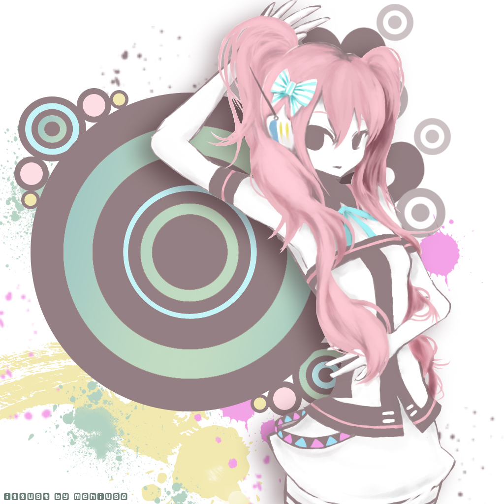 me ni usa, meniusa, meniusa lau, megurine luka, vocaloid, 1girl, alternate hairstyle, female focus, hair ribbon, headphones, long hair, pink hair, ribbon, solo, twintails