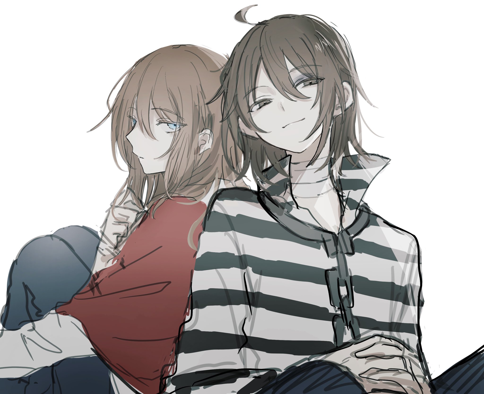 ! (rsa yuhr), edgar valden, luca balsa, identity v, highres, 2boys, ahoge, alternate hairstyle, androgynous, bandaged neck, bandages, bishounen, blue eyes, brown eyes, brown hair, bruise, bruised eye, capelet, chain, collar, hair down, head tilt, injury, jitome, knees up, looking at viewer, looking to the side, male focus, metal collar, multiple boys, popped collar, red capelet, shirt, sitting, smile, striped clothes, striped shirt