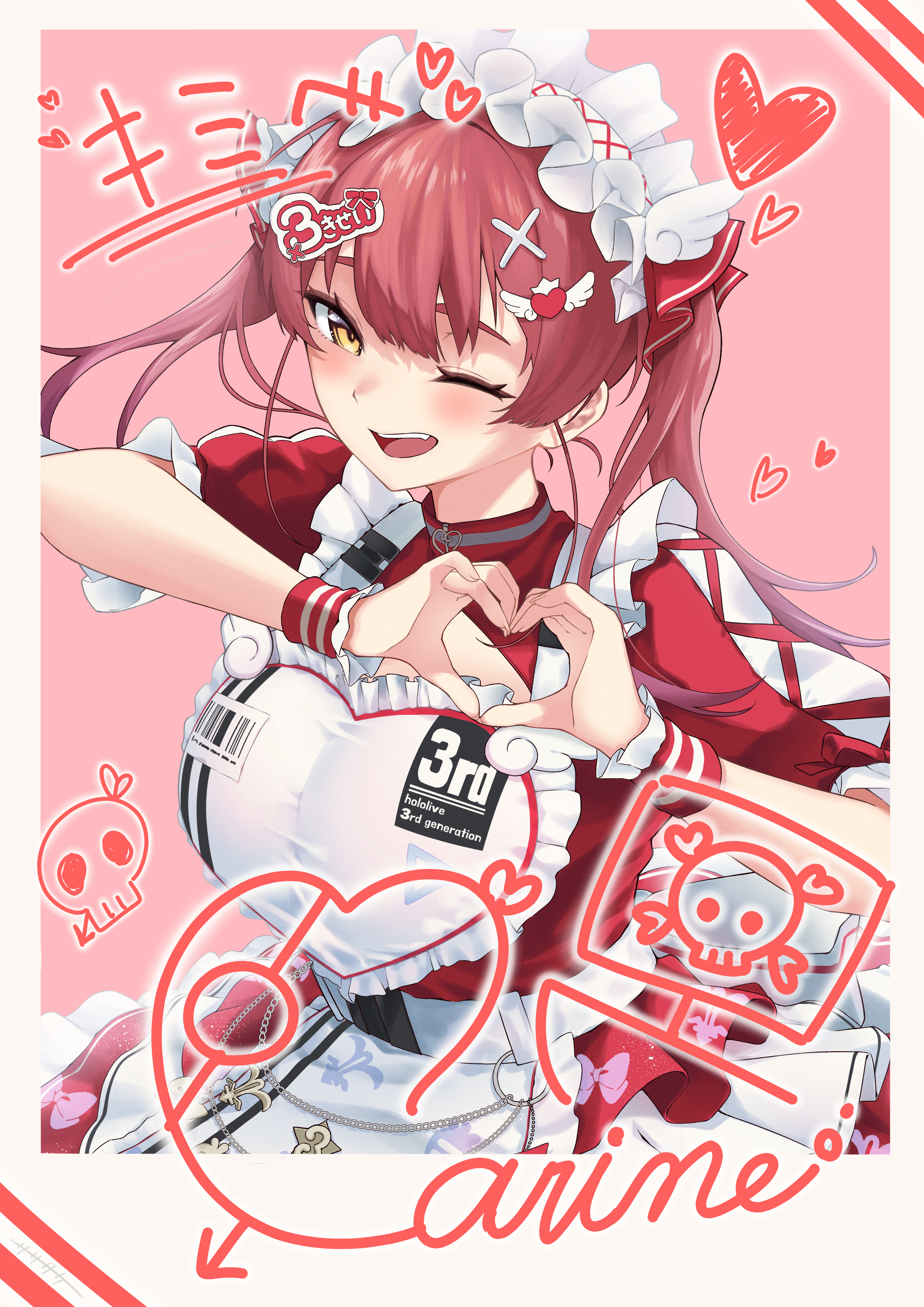 sasatake, houshou marine, hololive, absurdres, commentary request, highres, 1girl, ;d, apron, breasts, bromide, dress, hair between eyes, hair ornament, hair ribbon, hairclip, hairpin, heart, heart hands, large breasts, layered dress, long hair, looking at viewer, maid, maid headdress, official alternate costume, one eye closed, open mouth, pink background, puffy short sleeves, puffy sleeves, red dress, red hair, red ribbon, ribbon, short sleeves, signature, simple background, smile, solo, teeth, twintails, upper teeth only, virtual youtuber, white apron, winged hair ornament, wrist cuffs, x hair ornament, yellow eyes