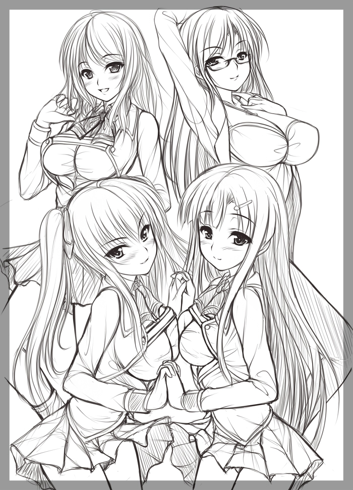 uni8, 4girls, blush, breasts, glasses, greyscale, hair ornament, hairclip, holding hands, huge breasts, large breasts, monochrome, multiple girls, school uniform, sketch, skirt, smile, twintails