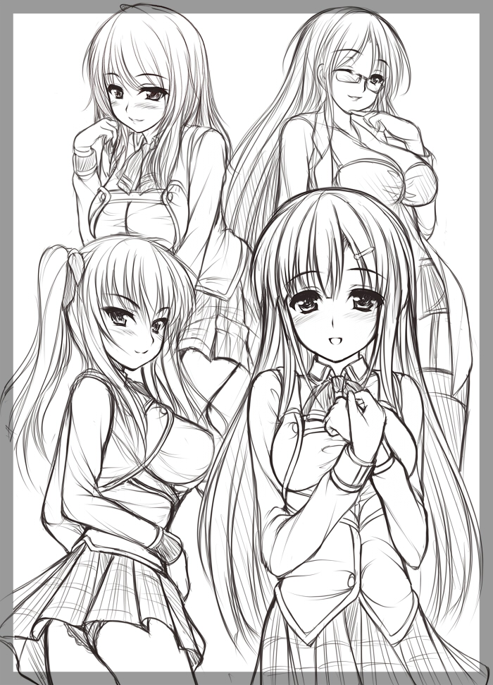 uni8, 4girls, ass, blush, garter belt, glasses, greyscale, long hair, looking back, monochrome, multiple girls, panties, pantyshot, school uniform, skirt, tareme, thighhighs, tsurime, twintails, underwear, wink