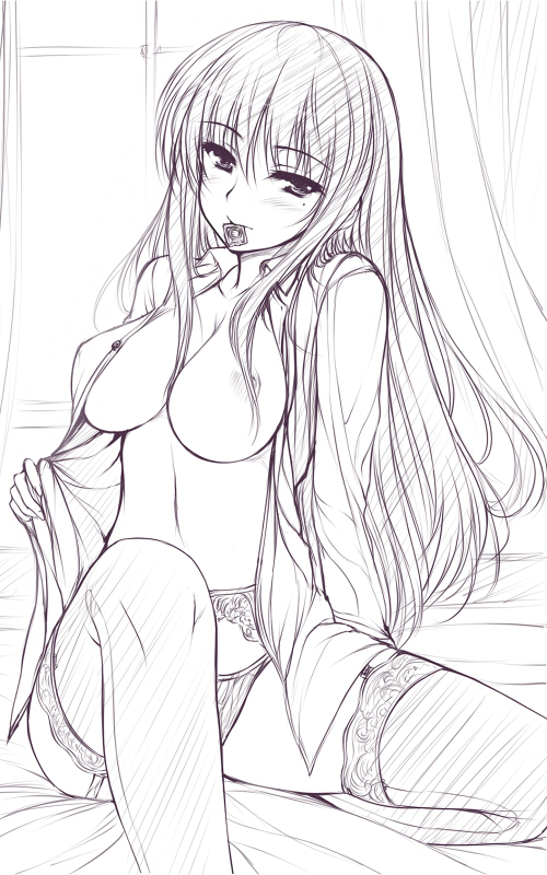 uni8, 1girl, blush, breasts, condom, condom in mouth, female focus, garter belt, greyscale, large breasts, long hair, mole, mole under eye, monochrome, mouth hold, no bra, open clothes, open shirt, panties, shirt, sitting, solo, thighhighs, underwear