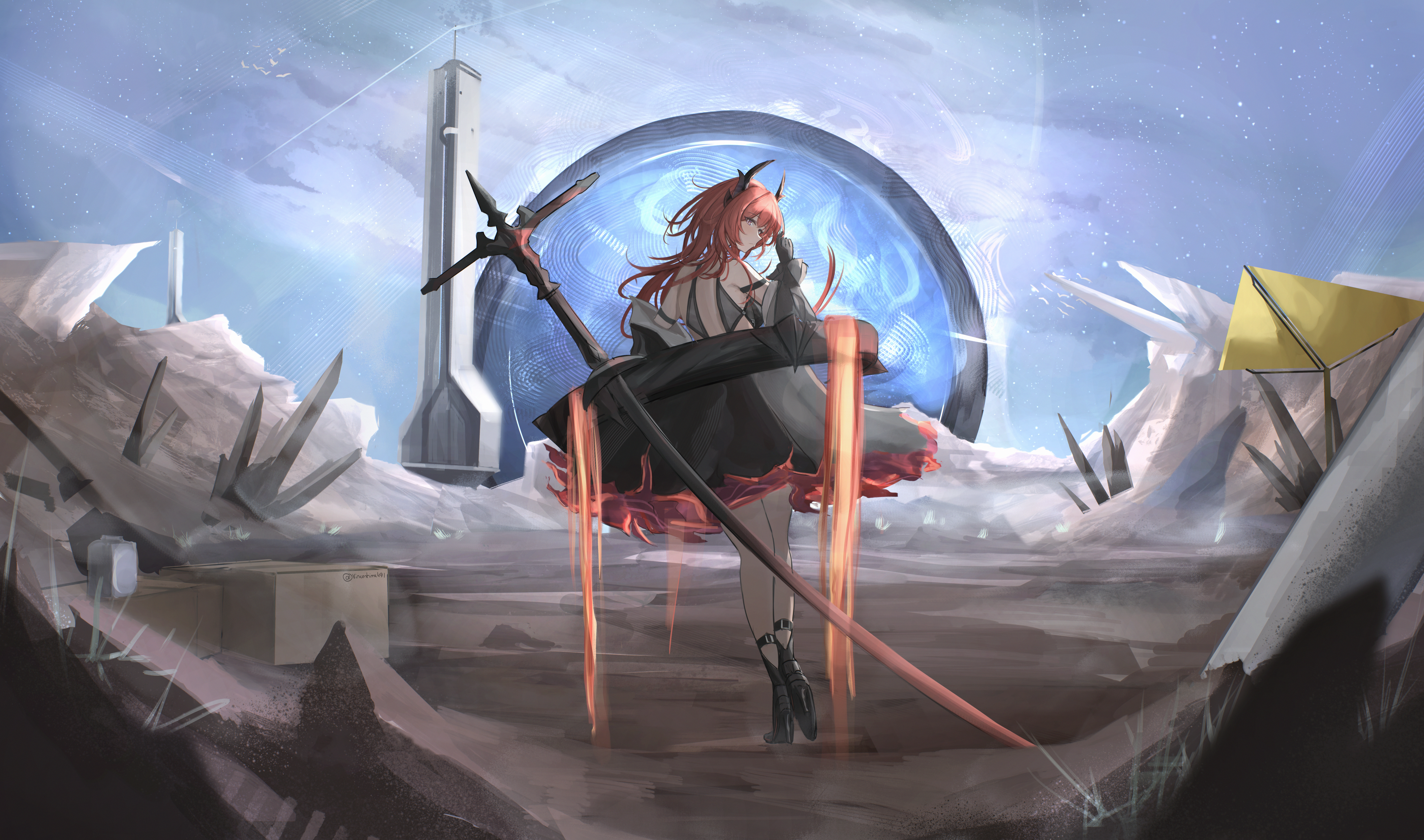vincentime, surtr (arknights), arknights, arknights: endfield, absurdres, commentary, highres, 1girl, ankle boots, bare shoulders, black boots, black dress, black gloves, black horns, black jacket, boots, box, closed mouth, dress, floating, floating object, floating sword, floating weapon, from behind, full body, gloves, hand up, high heels, horns, huge weapon, jacket, long hair, looking back, multicolored dress, night, night sky, off shoulder, on ground, outdoors, purple eyes, red dress, red hair, sky, star (sky), sword, two-tone dress, weapon