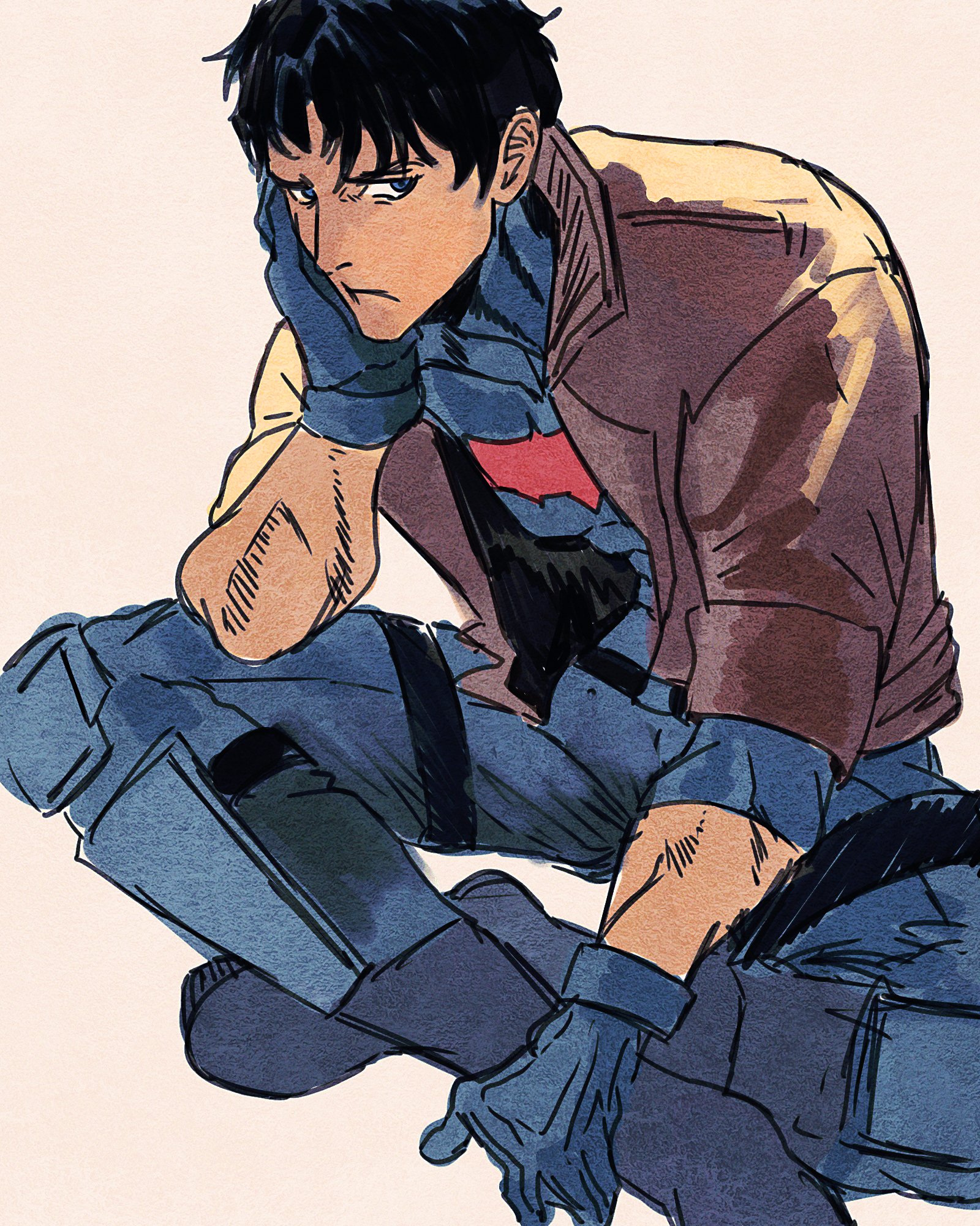 jason todd, red hood (dc), batman (series), dc comics, highres, 1boy, abs, arkhamchungsobu, bat signal, batman symbol, biceps, black bodysuit, black gloves, black hair, blue eyes, bodysuit, brown jacket, gloves, grey bodysuit, jacket, looking at viewer, male focus, multicolored bodysuit, muscular, muscular male, open clothes, pants, red hood and the outlaws, short hair, superhero costume, taut bodysuit, two-tone bodysuit