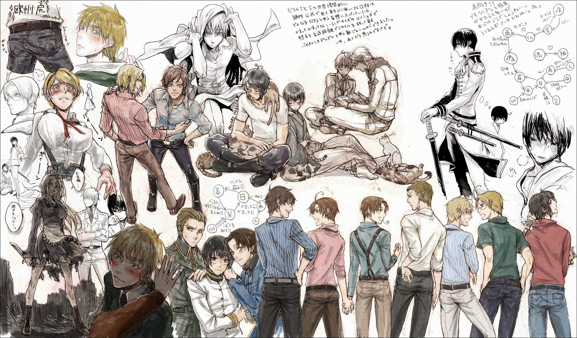 azuma yuuhi, america (hetalia), belarus (hetalia), france (hetalia), germany (hetalia), greece (hetalia), japan (hetalia), northern italy (hetalia), southern italy (hetalia), spain (hetalia), ukraine (hetalia), united kingdom (hetalia), axis powers hetalia, eyebrows, bad id, bad pixiv id, gender request, highres, 00s, 2girls, 6+boys, blush, breasts, cat, genderswap, katana, multiple boys, multiple girls, sketch, sword, torn clothes, weapon