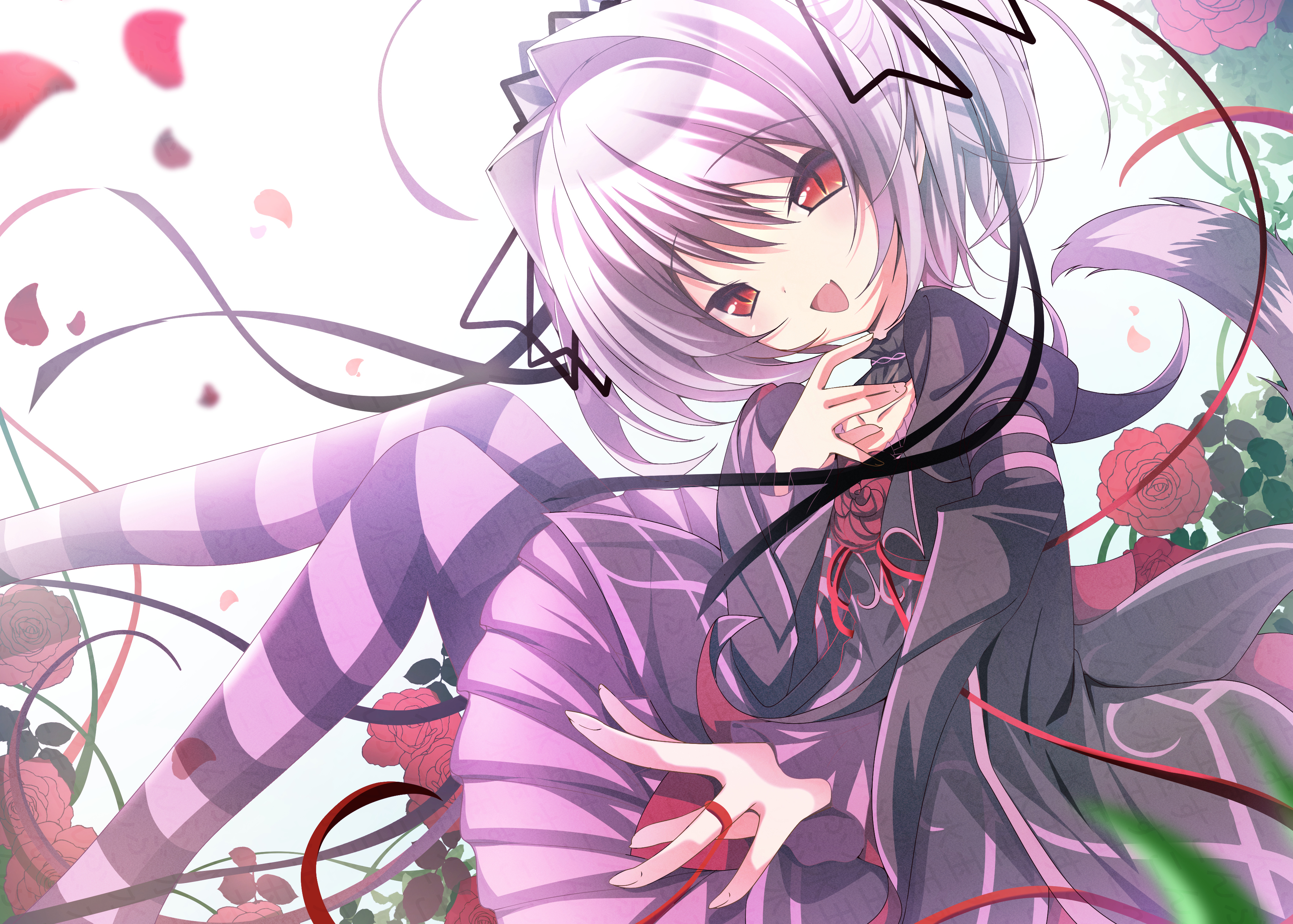 sukonbu385, naitou maia, hapymaher, absurdres, commentary, highres, 1girl, :d, black dress, black hairband, black ribbon, blurry, cat tail, choker, depth of field, dress, dress flower, fang, feet out of frame, flower, frilled choker, frilled dress, frills, from side, gothic lolita, grey hair, hair between eyes, hair intakes, hair ribbon, hairband, hand up, head tilt, juliet sleeves, knees together feet apart, knees up, lolita fashion, long ribbon, long sleeves, looking at viewer, medium hair, open mouth, petals, puffy sleeves, red eyes, red flower, red rose, ribbon, rose, rose petals, short dress, simple background, sitting, skin fang, slit pupils, smile, solo, string, string of fate, striped clothes, striped thighhighs, tail, tail raised, thighhighs, two side up, watermark, white background, wide sleeves