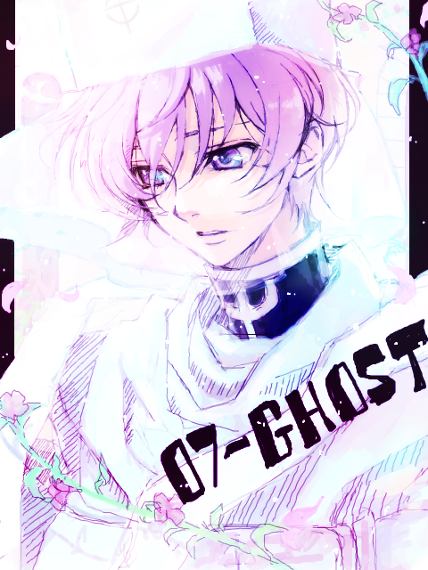 rahit, labrador, 07-ghost, 00s, 1boy, flower, gloves, hat, male focus, pink theme, purple eyes, purple hair, short hair, solo, veil, white hat