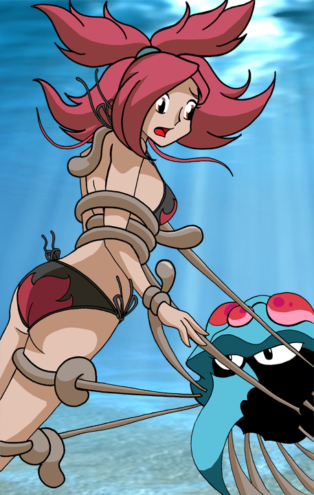 flannery (pokemon), tentacruel, nintendo, pokemon, 1girl, bdsm, bondage, bound, gen 1 pokemon, gym leader, pokemon (creature), red hair, underwater