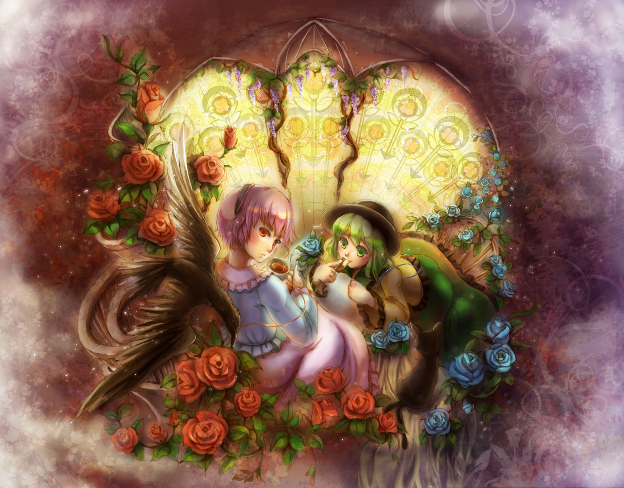 kira07, kaenbyou rin, kaenbyou rin (cat), komeiji koishi, komeiji satori, reiuji utsuho, reiuji utsuho (bird), touhou, bad id, bad pixiv id, 2girls, bird, blue flower, blue rose, cookie, cup, eating, female focus, flower, food, green eyes, green hair, hairband, hat, multiple girls, purple hair, red eyes, rose, short hair, siblings, sisters, tea, teacup