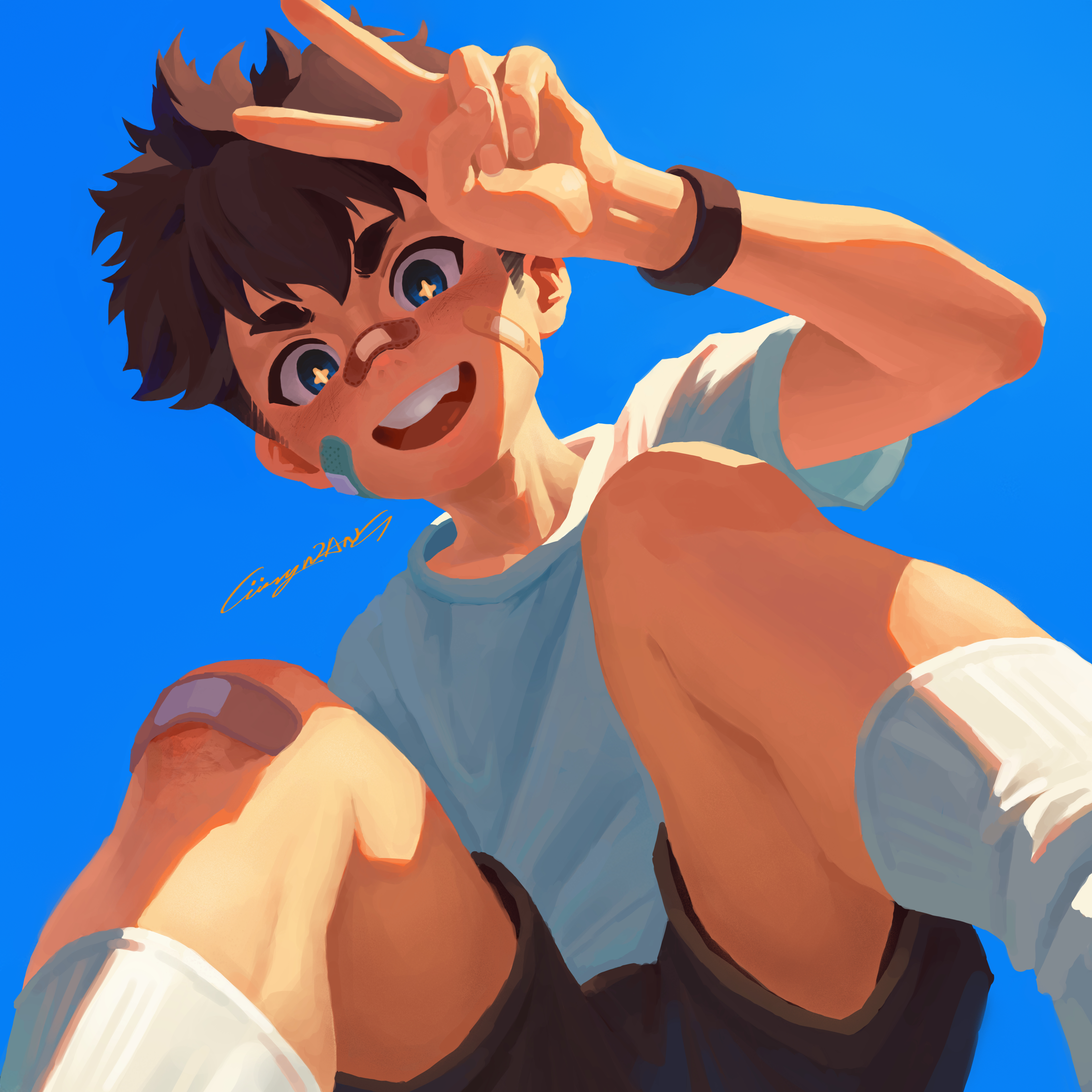 currywang, original, 1boy, bandaid, bandaid on face, bandaid on knee, bandaid on leg, blue background, brown hair, male focus, open mouth, peace symbol, shadow, shirt, short hair, shorts, signature, smile, solo, sparkling eyes, wristband