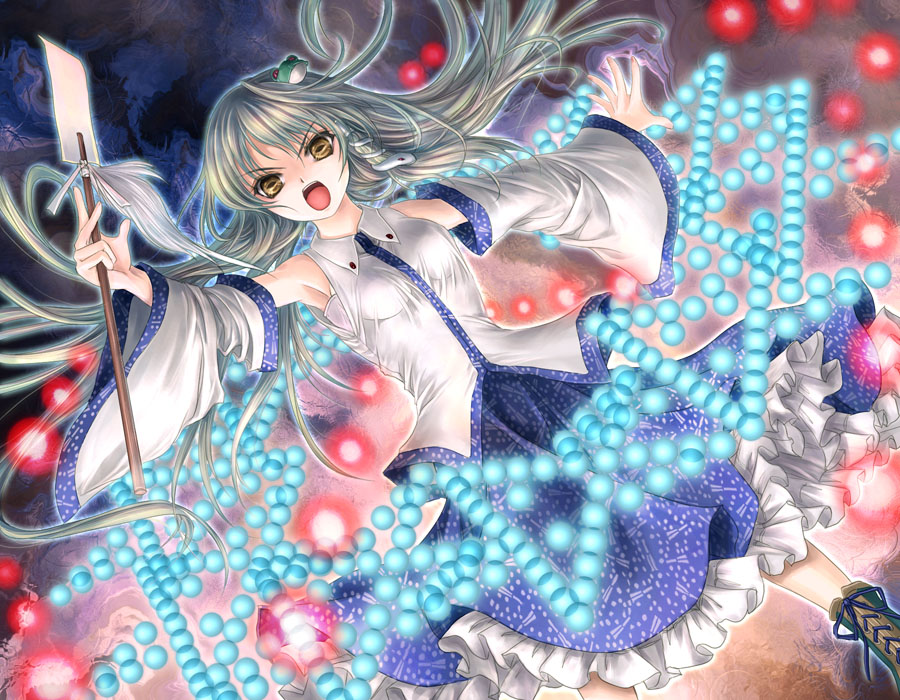 yuki shuuka, kochiya sanae, mountain of faith, touhou, bad id, bad pixiv id, 1girl, amphibian eyes, angry, boots, danmaku, detached sleeves, dress, dutch angle, female focus, frills, grey hair, hair ornament, long hair, magic, open mouth, solo, yellow eyes