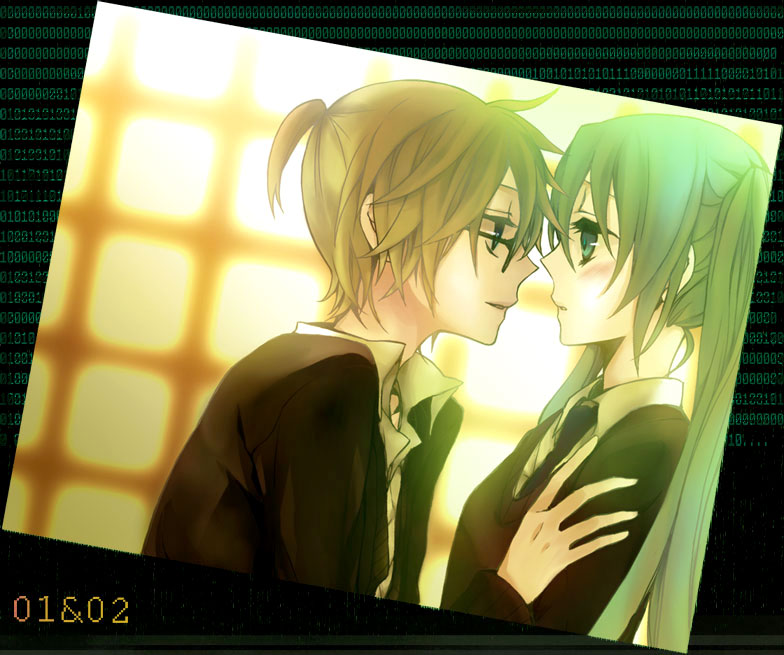 eruria, ri, hatsune miku, kagamine len, spice! (vocaloid), vocaloid, 1boy, 1girl, blonde hair, blue eyes, glasses, green eyes, green hair, long hair, necktie, profile, short hair, spice!, twintails