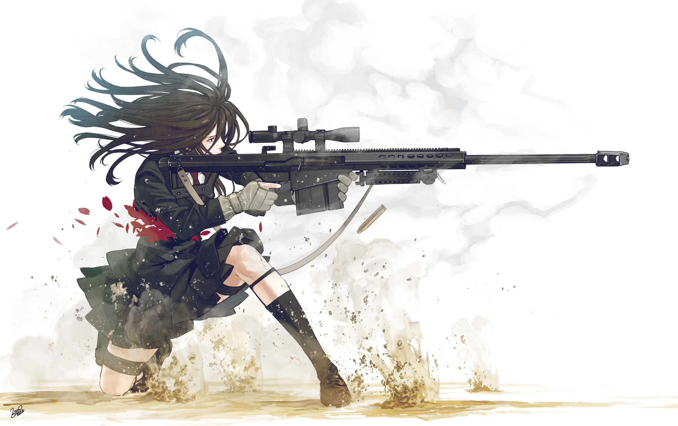 kozaki yuusuke, karasuma kyoko, original, character request, highres, source request, 1girl, anti-materiel rifle, barrett m82, black socks, blood, brown hair, bullet, female focus, from side, gloves, gun, jacket, kneehighs, kneeling, legwear garter, necktie, on one knee, rifle, shell casing, skirt, smoke, sniper gloves, sniper rifle, socks, solo, weapon, white background, wind