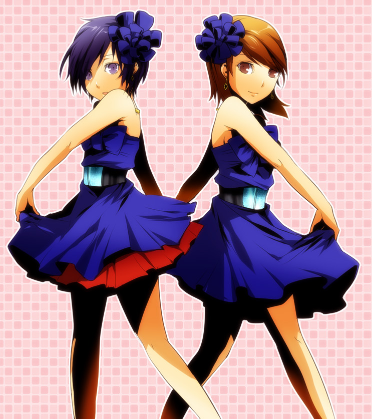 ang, takeba yukari, yuuki makoto (persona 3), atlus, persona, persona 3, 1boy, 1girl, blue eyes, blue hair, brown eyes, brown hair, clothes lift, crossdressing, dress, dress lift, earrings, hair ribbon, jewelry, ribbon, short hair, skirt hold, trap