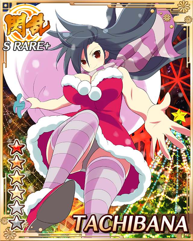 tachibana (senran kagura), senran kagura, senran kagura new wave, game cg, official art, 1girl, black hair, border, breasts, card (medium), character name, christmas, christmas lights, christmas ornaments, christmas tree, cleavage, dress, english text, fur-trimmed dress, fur trim, high heels, holding, holding sack, large breasts, long hair, official alternate costume, purple scarf, purple thighhighs, red dress, red eyes, red shoes, sack, scarf, shoes, solo, striped clothes, striped scarf, striped thighhighs, swept bangs, thighhighs, vertical-striped clothes, vertical-striped scarf, very long hair