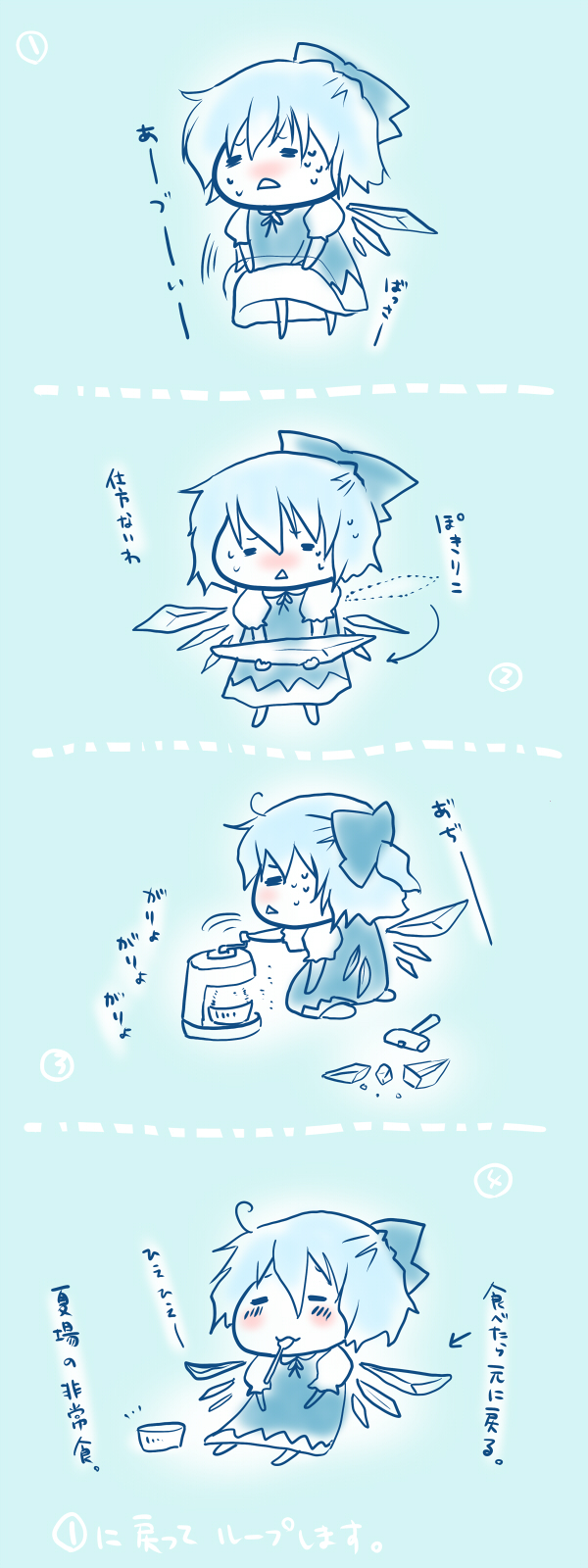 hana jun ringo, cirno, embodiment of scarlet devil, touhou, bad id, bad pixiv id, highres, translation request, 4koma, chibi, comic, food, ice shaver, shaved ice, sweat