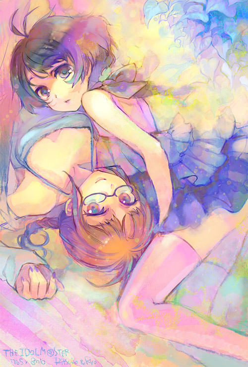 ame yamori, akizuki ritsuko, akizuki ryo, idolmaster, idolmaster (classic), idolmaster dearly stars, bad id, bad pixiv id, 00s, 1boy, 1girl, black hair, brown hair, dress, glasses, looking at viewer, pink thighhighs, rotational symmetry, short hair, thighhighs, trap