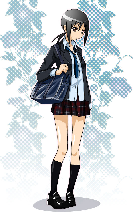 sakebuotoko, kaga ai, sayonara zetsubou sensei, bad id, bad pixiv id, 00s, 1girl, bag, black hair, brown eyes, female focus, full body, gradient background, necktie, school uniform, skirt, socks, solo, white background