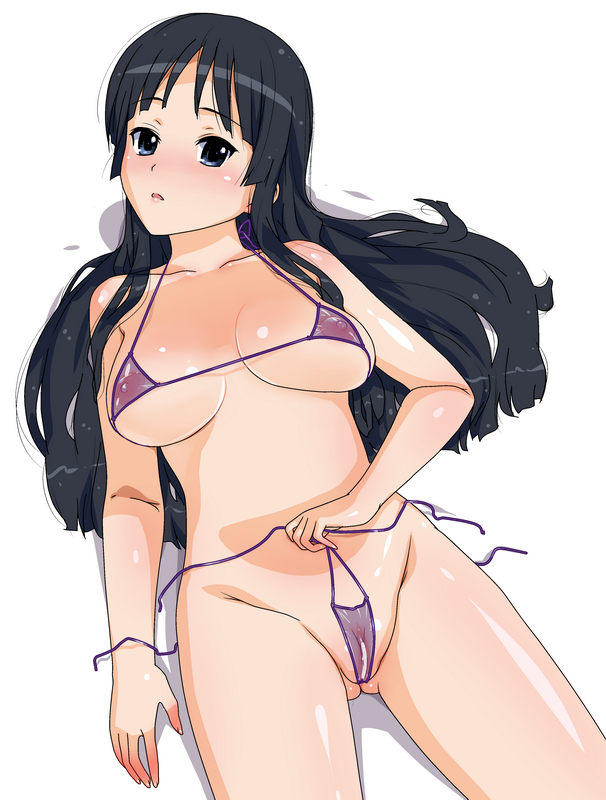 mine (peak), akiyama mio, k-on!, 00s, 1girl, bikini, black hair, breasts, cameltoe, censored, female focus, large breasts, long hair, micro bikini, purple bikini, see-through bikini, see-through clothes, solo, swimsuit