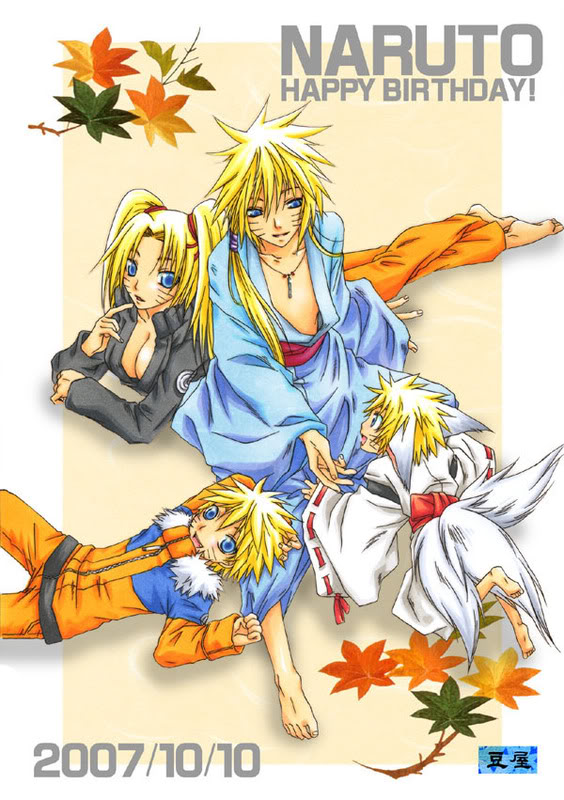 naruko (naruto), uzumaki naruto, naruto (classic), naruto (series), naruto shippuuden, artist request, translation request, 1girl, 3boys, age difference, animal ears, barefoot, black jacket, blonde hair, blue eyes, blue jacket, blue kimono, breasts, character name, chibi, child, cleavage, collarbone, copyright name, crossed legs, dated, english text, facial mark, facing another, facing viewer, fox ears, fox tail, full body, genderswap, genderswap (mtf), hair between eyes, hair tie, hand up, happy, index finger raised, jacket, japanese clothes, japanese text, jewelry, kimono, large breasts, leaf, long hair, long sleeves, looking at another, looking at viewer, lying, multicolored jacket, multiple boys, necklace, obi, on back, on stomach, open mouth, orange jacket, orange pants, pants, parted lips, ponytail, sash, short hair, sitting, smile, spiked hair, tail, tongue, twintails, whisker markings, whiskers, white jacket, white kimono, wide sleeves, zipper, zipper pull tab