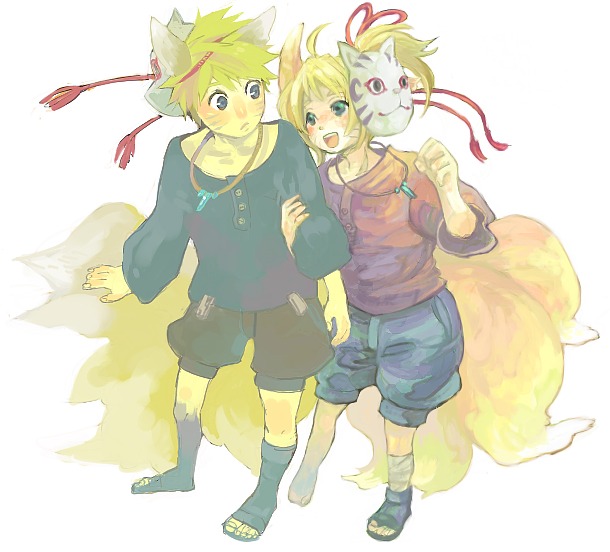 naruko (naruto), uzumaki naruto, naruto (classic), naruto (series), artist request, 1boy, 1girl, ahoge, arm hug, blonde hair, blue eyes, blush, closed mouth, eye contact, facial mark, facing another, fox mask, full body, genderswap, genderswap (mtf), hand up, happy, holding, holding own arm, hug, jewelry, long hair, looking at another, mask, mask on head, necklace, one-armed hug, open mouth, sandals, shirt, shoes, short hair, shorts, smile, spiked hair, standing, teeth, tongue, twintails, whisker markings, whiskers