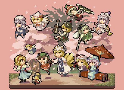 oobako, alice margatroid, chen, konpaku youmu, konpaku youmu (ghost), letty whiterock, lily white, lunasa prismriver, lyrica prismriver, merlin prismriver, saigyouji yuyuko, shanghai doll, yakumo ran, yakumo yukari, perfect cherry blossom, touhou, light purple hair, silver hair, lowres, > <, 6+girls, animal ears, animal hat, blonde hair, blue dress, bow, brown hair, cat ears, cat girl, cat tail, cherry blossoms, chibi, closed eyes, doll, dress, elbow gloves, everyone, fairy wings, female focus, fox tail, gap (touhou), gloves, hair bow, hair ribbon, hairband, hat, hat ribbon, hitodama, holding, holding weapon, instrument, japanese clothes, katana, keyboard (instrument), kimono, long sleeves, mob cap, multiple girls, multiple tails, petals, pink background, pink hair, pixel art, puffy short sleeves, puffy sleeves, ribbon, shoes, short hair, short sleeves, socks, sword, tabard, tail, tassel, tree, triangular headpiece, trumpet, umbrella, violin, weapon, wide sleeves, wings