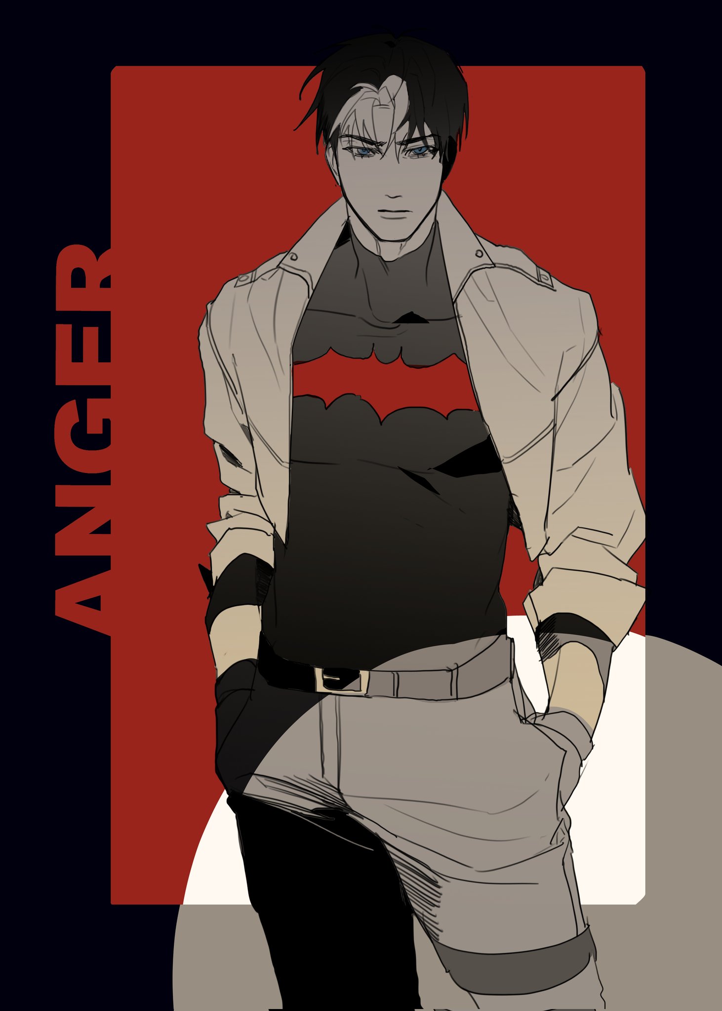 jason todd, red hood (dc), batman (series), dc comics, hashtag-only commentary, highres, bat signal, batman symbol, black bodysuit, black gloves, bodysuit, brown jacket, eibi194327, gloves, grey bodysuit, jacket, male focus, multicolored bodysuit, multicolored hair, muscular, muscular male, red hood and the outlaws, superhero costume, taut bodysuit, two-tone bodysuit