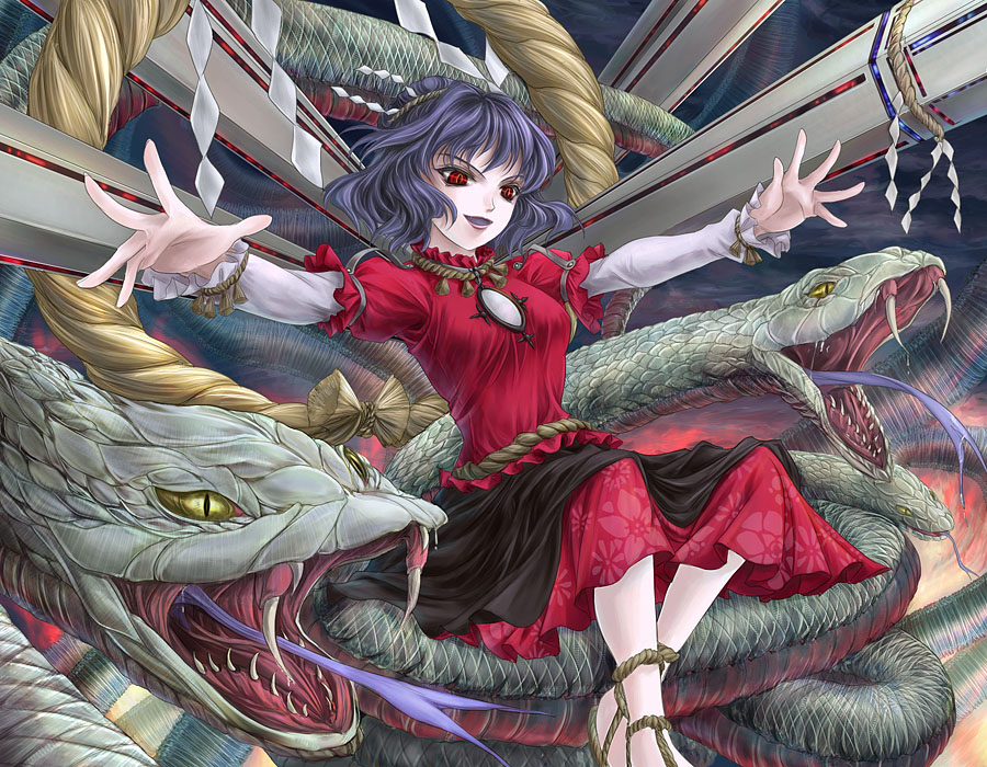 yuki shuuka, mishaguji, yasaka kanako, touhou, bad id, bad pixiv id, 1girl, dress, fangs, female focus, mirror, onbashira, purple hair, red eyes, rope, sandals, shimenawa, short hair, sitting, slit pupils, snake, solo