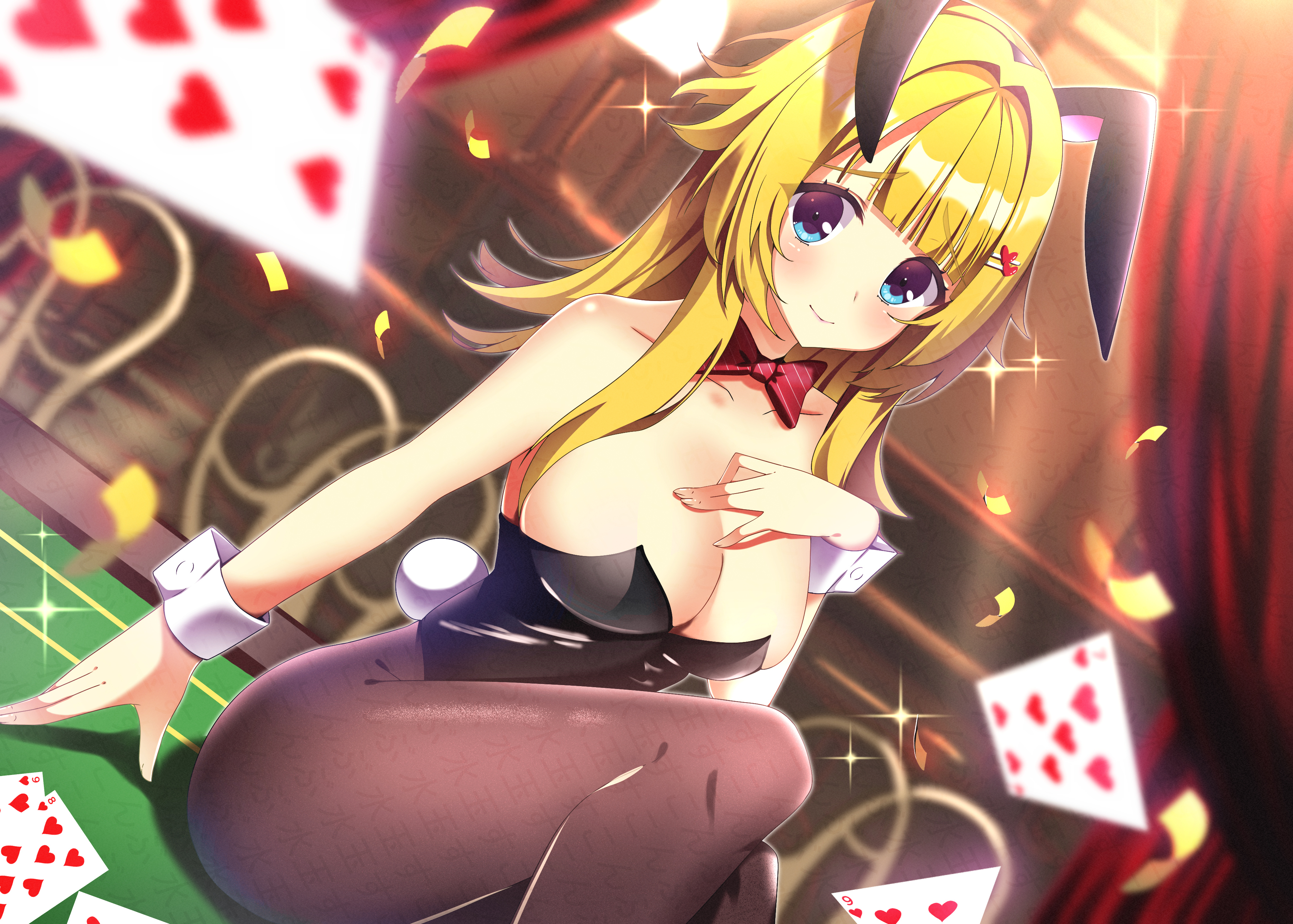 sukonbu385, limelight lemonade jam, absurdres, commentary request, highres, 1girl, alternate costume, animal ear hairband, animal ears, black leotard, black pantyhose, blonde hair, blue eyes, blunt bangs, blurry, blurry background, blush, bow, bowtie, breasts, card, casino, casino card table, cleavage, closed mouth, collarbone, depth of field, diagonal-striped bow, diagonal-striped bowtie, diagonal-striped clothes, dutch angle, fake animal ears, fake tail, feet out of frame, floating card, furrowed brow, hair ornament, hairband, hairclip, hand up, heart, heart hair ornament, highleg, highleg leotard, indoors, large breasts, leotard, long hair, looking at viewer, on table, pantyhose, parallel hairclips, playboy bunny, rabbit ears, rabbit tail, red bow, red bowtie, shimakoshi tsukimi, sitting, smile, solo, sparkle, strapless, strapless leotard, striped bow, striped bowtie, striped clothes, table, tail, tareme, thick eyebrows, watermark, white wrist cuffs, wrist cuffs