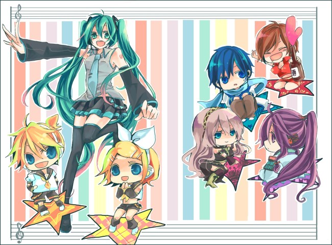 key (baby-mom), hatsune miku, kagamine len, kagamine rin, kaito (vocaloid), kamui gakupo, megurine luka, meiko (vocaloid), vocaloid, bad id, bad pixiv id, 3boys, 4girls, aqua eyes, aqua hair, blonde hair, blue eyes, blue hair, blue scarf, brown hair, chibi, detached sleeves, drunk, headset, keyu3002, long hair, miniskirt, multiple boys, multiple girls, necktie, open mouth, pink hair, ponytail, purple eyes, purple hair, scarf, short hair, skirt, star (symbol), thighhighs, twintails, very long hair, zettai ryouiki