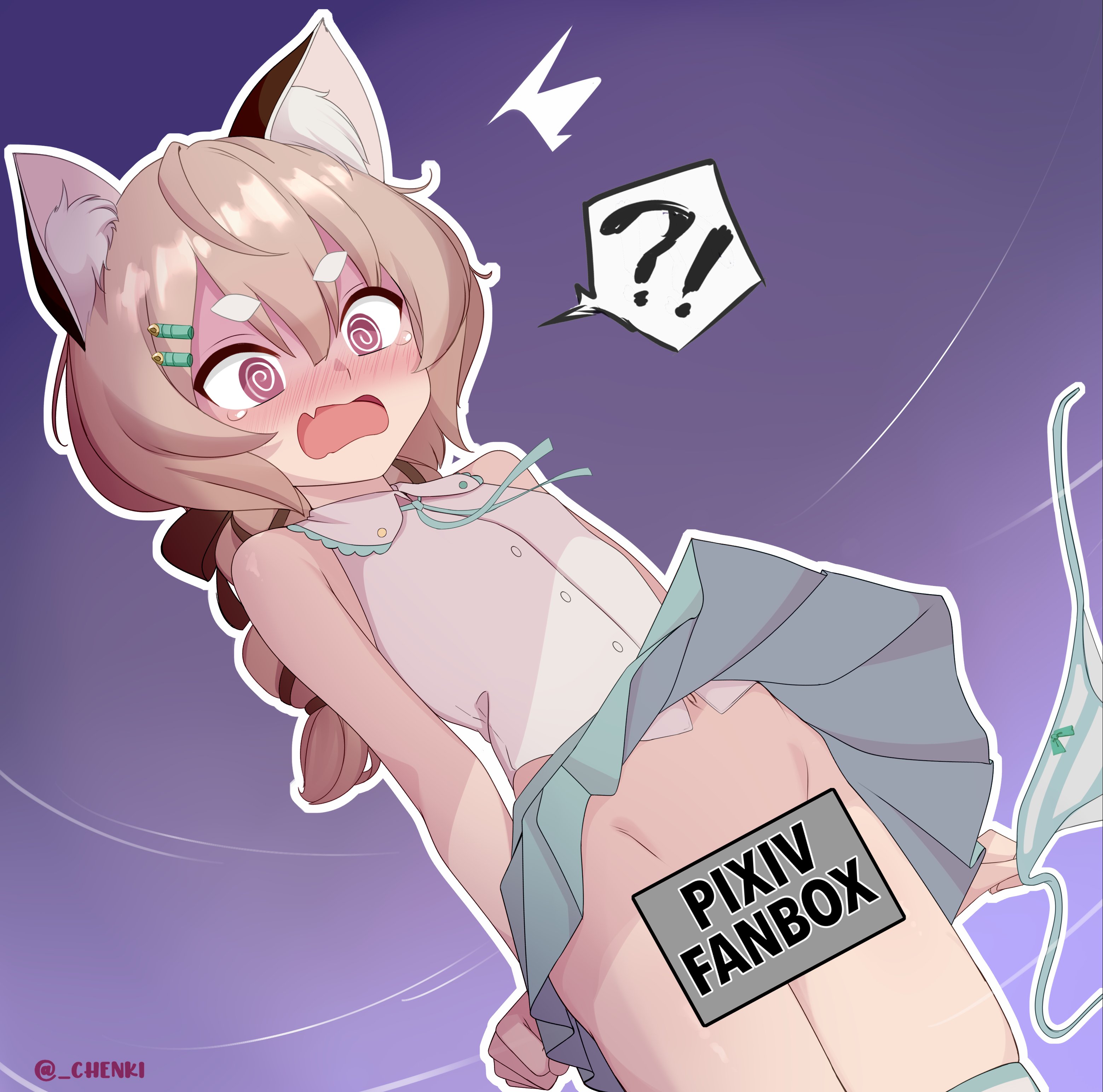 chenki (chenki), komachi panko, phase connect, absurdres, commentary, highres, symbol-only commentary, !?, 1girl, @ @, animal ears, blush, braid, brown hair, censored, hair ornament, hairclip, open mouth, panties, shirt, skirt, sleeveless, sleeveless shirt, solo, speech bubble, spoken interrobang, striped clothes, striped panties, thighhighs, underwear, unworn panties, white shirt