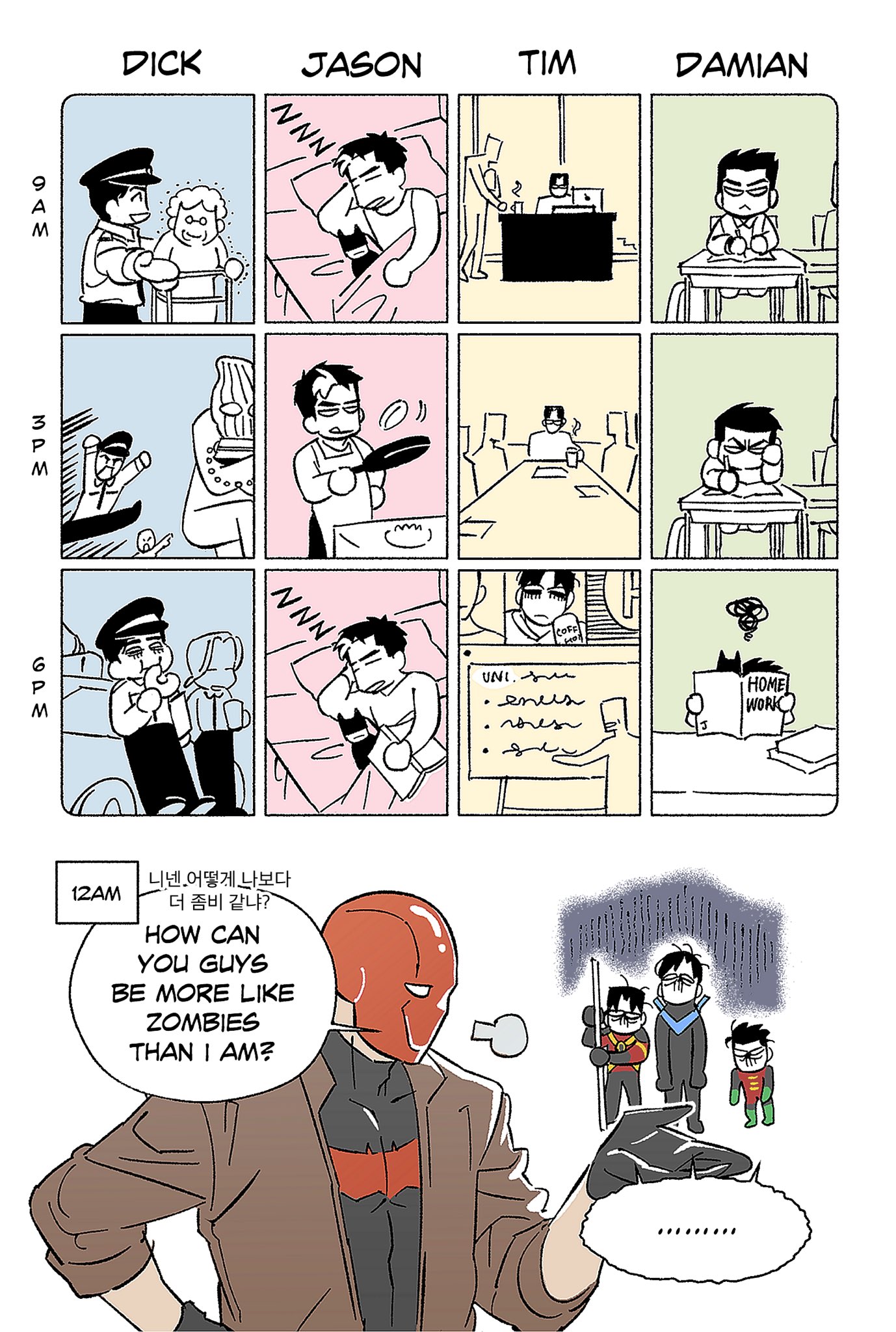 busungm, damian wayne, dick grayson, jason todd, nightwing, red robin, robin (dc), tim drake, batman (series), dc comics, highres, 4boys, abs, bat signal, batman symbol, black bodysuit, black gloves, black hair, black shirt, bodysuit, brothers, brown jacket, closed mouth, english text, gloves, grey bodysuit, jacket, long sleeves, male focus, multicolored bodysuit, multicolored hair, multiple boys, muscular, muscular male, pectorals, shirt, short hair, siblings, two-tone hair, white hair