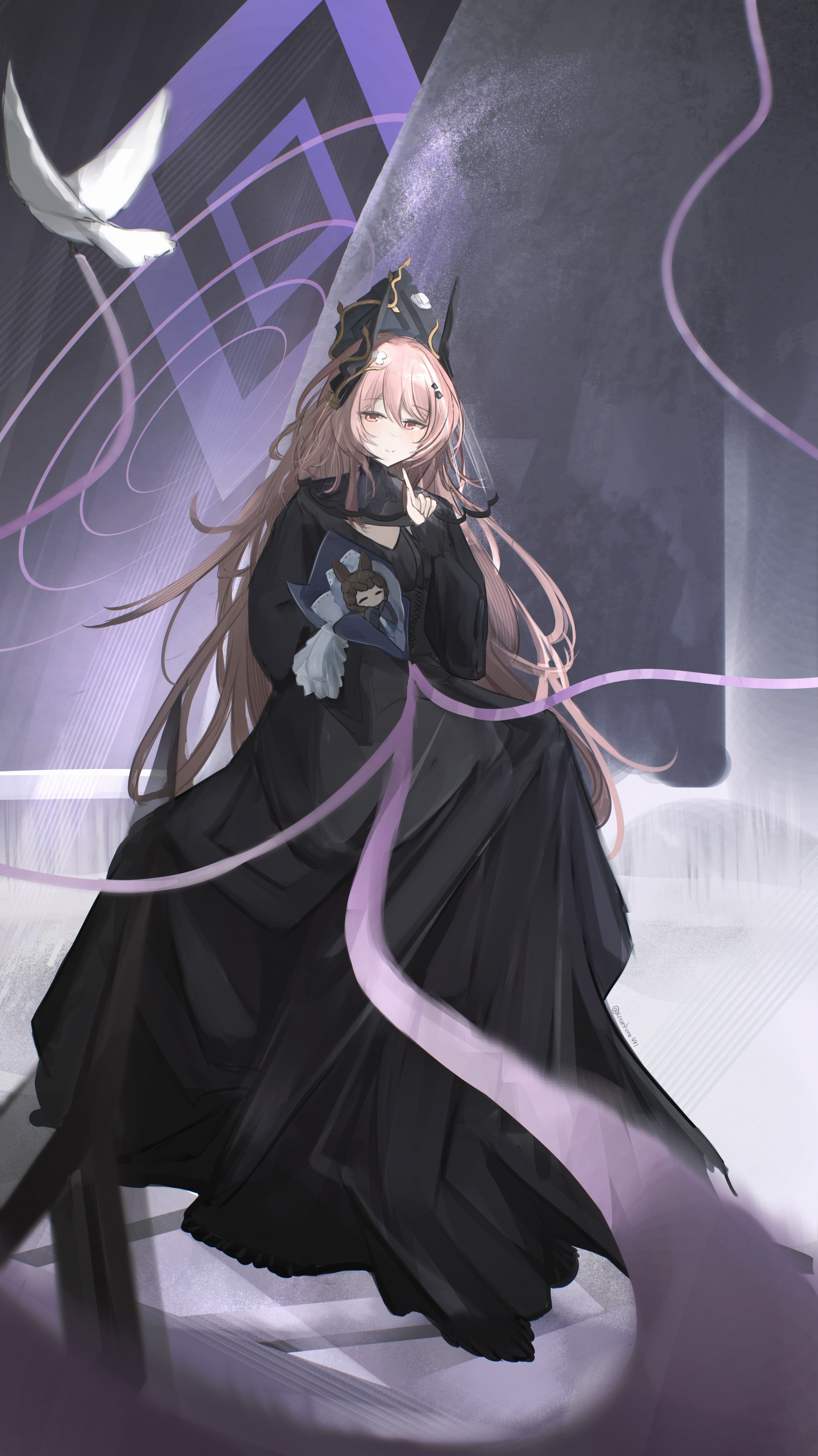 vincentime, amiya (arknights), theresa (arknights), arknights, absurdres, highres, making-of available, 1girl, black dress, black horns, brown hair, character doll, closed mouth, doll, dress, flower, full body, hair between eyes, half-closed eyes, hand up, holding, holding doll, horn flower, horns, light smile, long dress, long hair, long sleeves, looking at viewer, official alternate costume, pink hair, puffy sleeves, red eyes, standing, theresa (condolence) (arknights), white flower