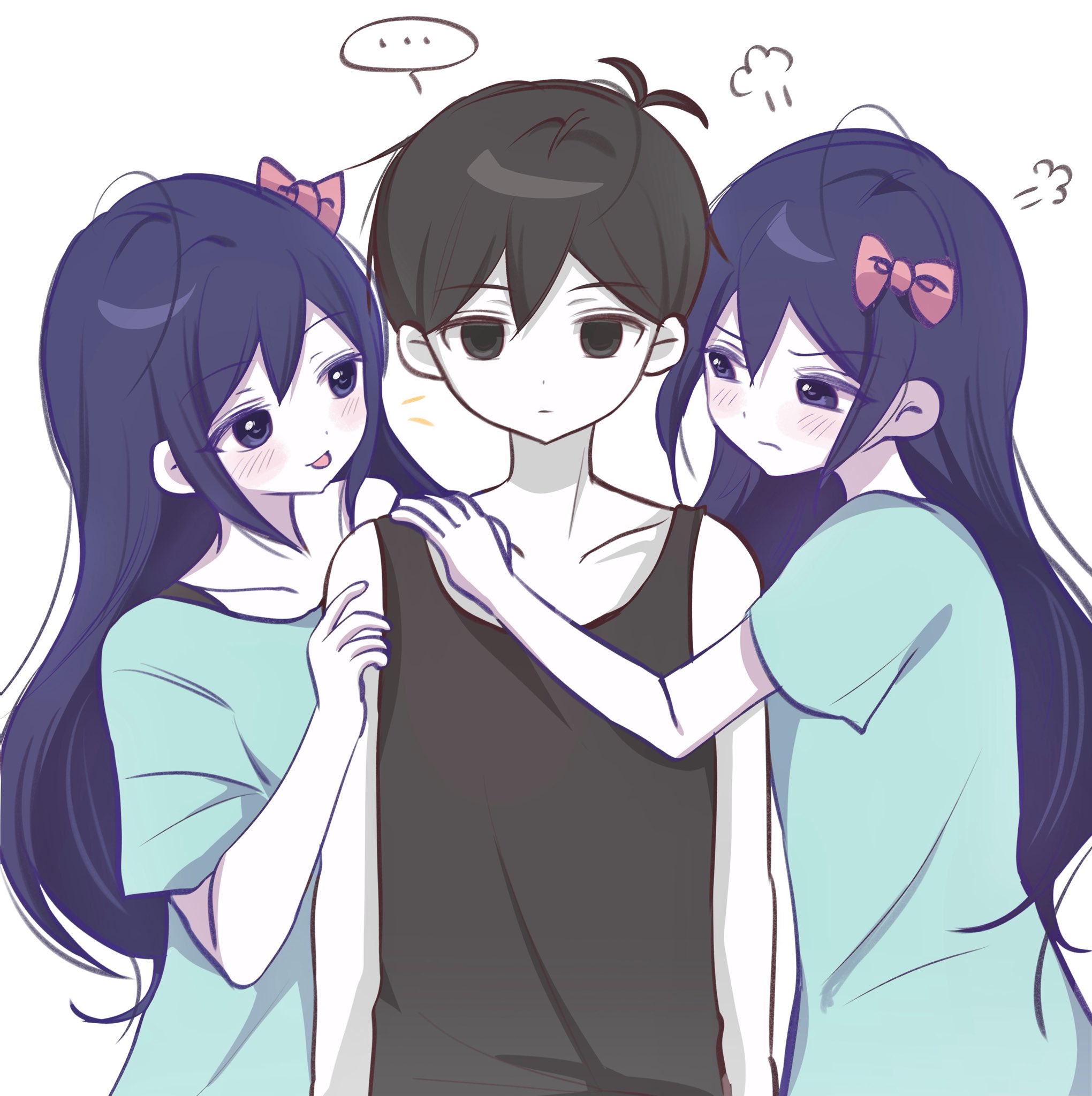 wktdms1, aubrey (headspace) (omori), aubrey (omori), omori (omori), omori, commentary, highres, symbol-only commentary, …, 1boy, 2girls, antenna hair, black eyes, black hair, black tank top, blue shirt, blush, bow, clone, clone harem, closed mouth, collarbone, colored skin, double-parted bangs, expressionless, hair between eyes, hair bow, hand on another's shoulder, long hair, long shirt, looking at viewer, multiple girls, pink bow, purple eyes, purple hair, scene reference, shirt, short hair, short sleeves, simple background, speech bubble, spoken ellipsis, t-shirt, tank top, tongue, tongue out, white background, white skin