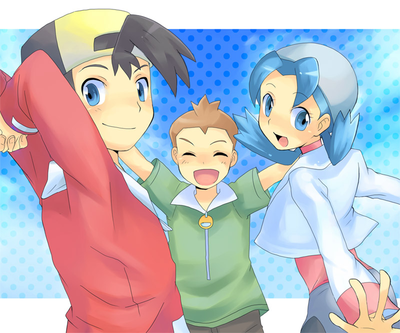 cubexcube, jimmy (pokemon), marina (pokemon), vincent (pokemon), nintendo, pokemon, pokemon (anime), pokemon (classic anime), 1990s (style), 1girl, 2boys, arms behind head, arms up, baseball cap, bike shorts, black hair, blue eyes, blue hair, closed eyes, hat, looking back, multiple boys, newsboy cap, retro artstyle, twintails