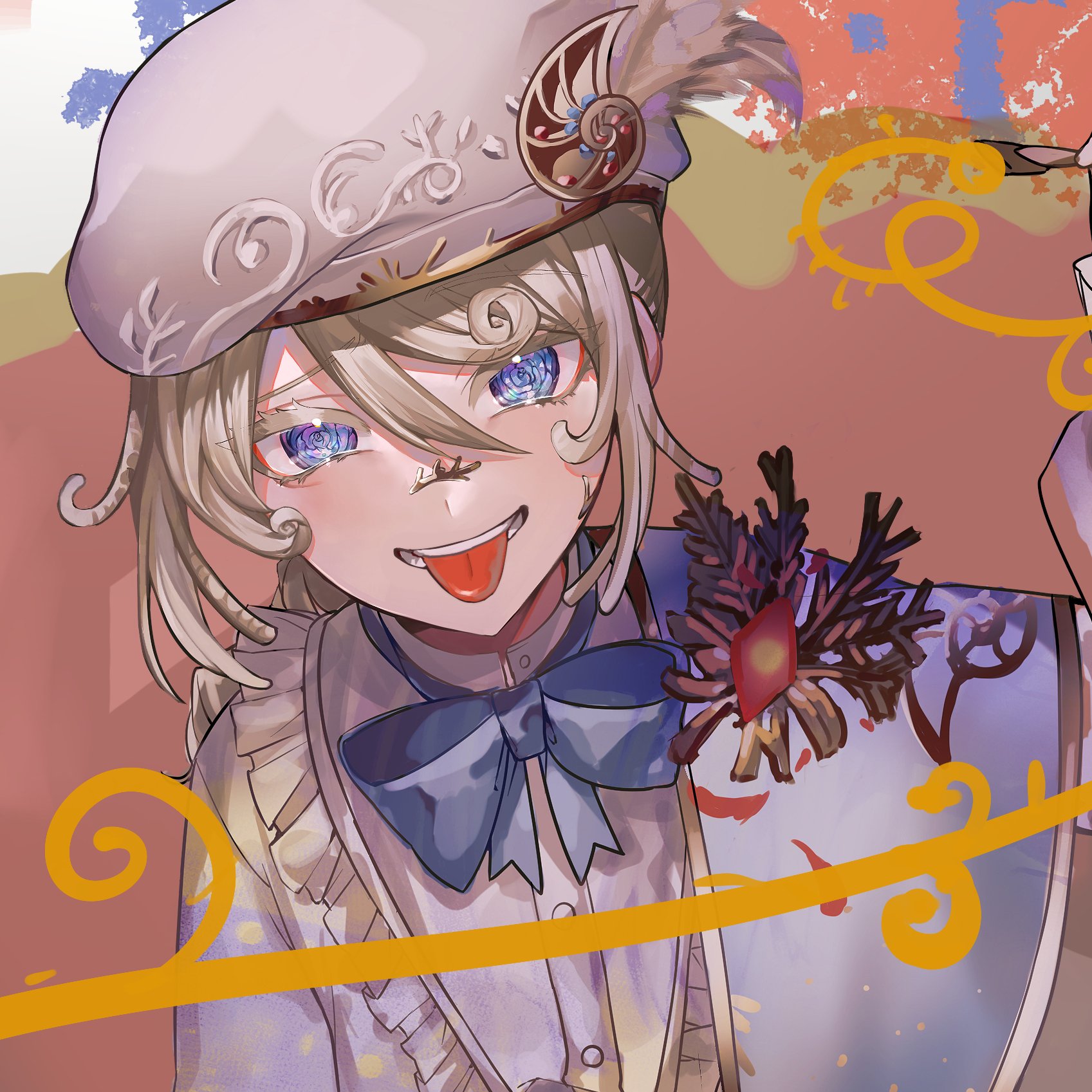 edgar valden, edgar valden (golden ratio), identity v, archived source, commentary request, highres, 1boy, androgynous, beret, blue bow, blue bowtie, blue eyes, bow, bowtie, brooch, colored eyelashes, gold trim, grin, hair between eyes, half capelet, hat, hat feather, head tilt, jewelry, looking at viewer, male focus, official alternate costume, raised eyebrow, shirt, sidelocks, smile, solo, sorata mnkr, tongue, tongue out, white shirt